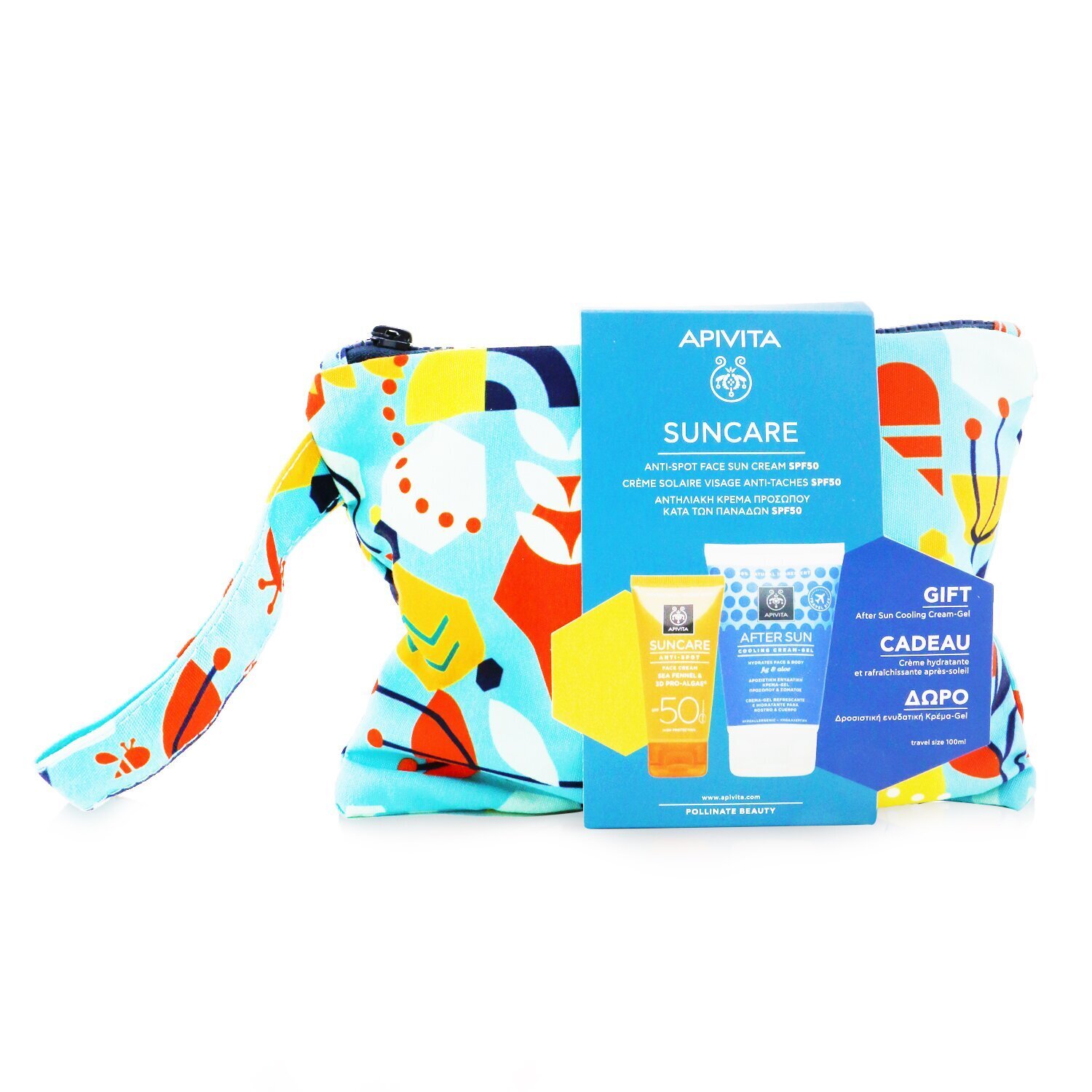 Apivita Suncare Gift Set: Anti-Spot Face Cream (Sea Fennel & 3D Pro-Algae) SPF50 50ml + After Sun Cooling Cream-Gel 100ml 2pcs+1pouch