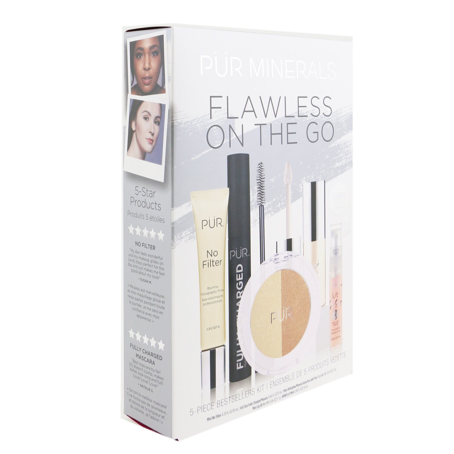 PUR (PurMinerals) Flawless On The Go 5 Piece Bestsellers Kit (1x Mini Primer, 1x Mascara, 1x Mineral Glow, 1x Mini Lip Oil, 1x Mini Mist) 5pcs
