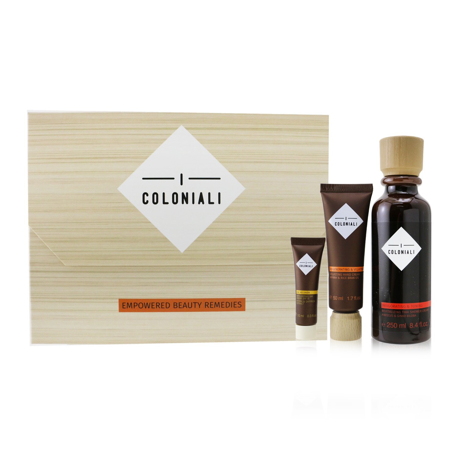 I Coloniali The Potion Of Energy Set: 1x Invigorating & Toning - Revitalizing Thai Shower Cream - 250ml/8.4oz + 1x Regenerating & Velveting - Velveting Hand Cream - 50ml/1.7oz + 1x Age Recover - Replumping Day Cream SPF 15 - 10ml/0.3oz 3pcs