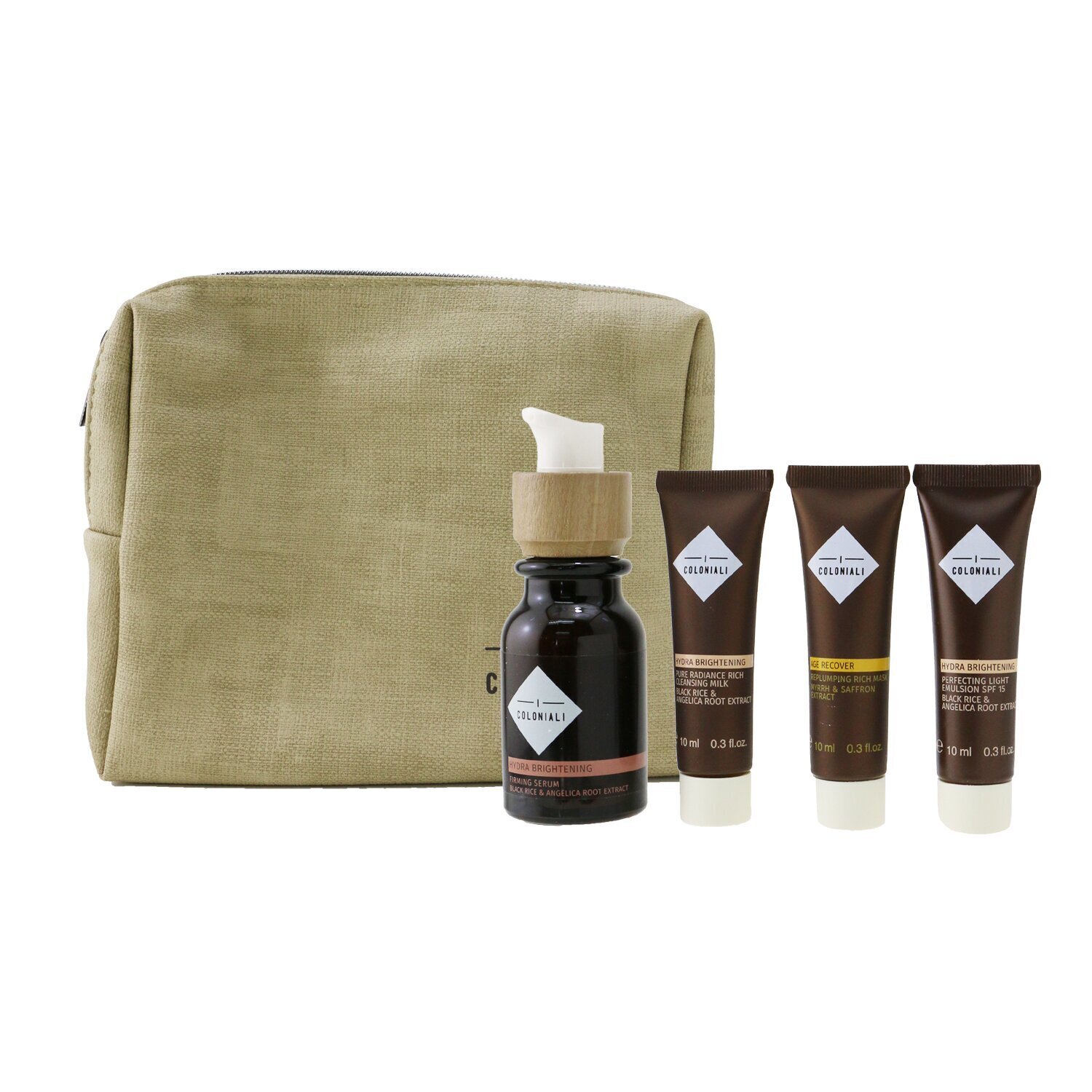 I Coloniali The Potion Of Perfection Set With Pouch: 1x Hydra Brightening - Firming Serum - 30ml/1oz + 1x Hydra Brightening Pure Radiance Rich Cleansing Milk - 10ml/0.3oz + 1x Hydra Brightening Perfecting Light Emulsion SPF 15 - 10ml/0.3oz + 1x Age Recover - Replumping Rich Mask - 10ml/0.3oz + 1x bag 4pcs+1bag