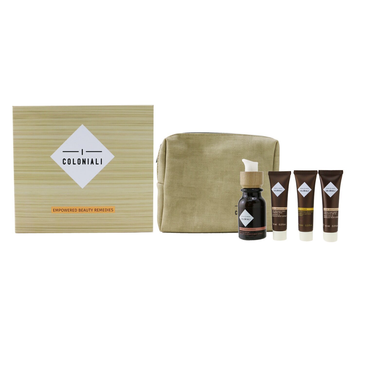 I Coloniali The Potion Of Perfection Set With Pouch: 1x Hydra Brightening - Firming Serum - 30ml/1oz + 1x Hydra Brightening Pure Radiance Rich Cleansing Milk - 10ml/0.3oz + 1x Hydra Brightening Perfecting Light Emulsion SPF 15 - 10ml/0.3oz + 1x Age Recover - Replumping Rich Mask - 10ml/0.3oz + 1x bag 4pcs+1bag