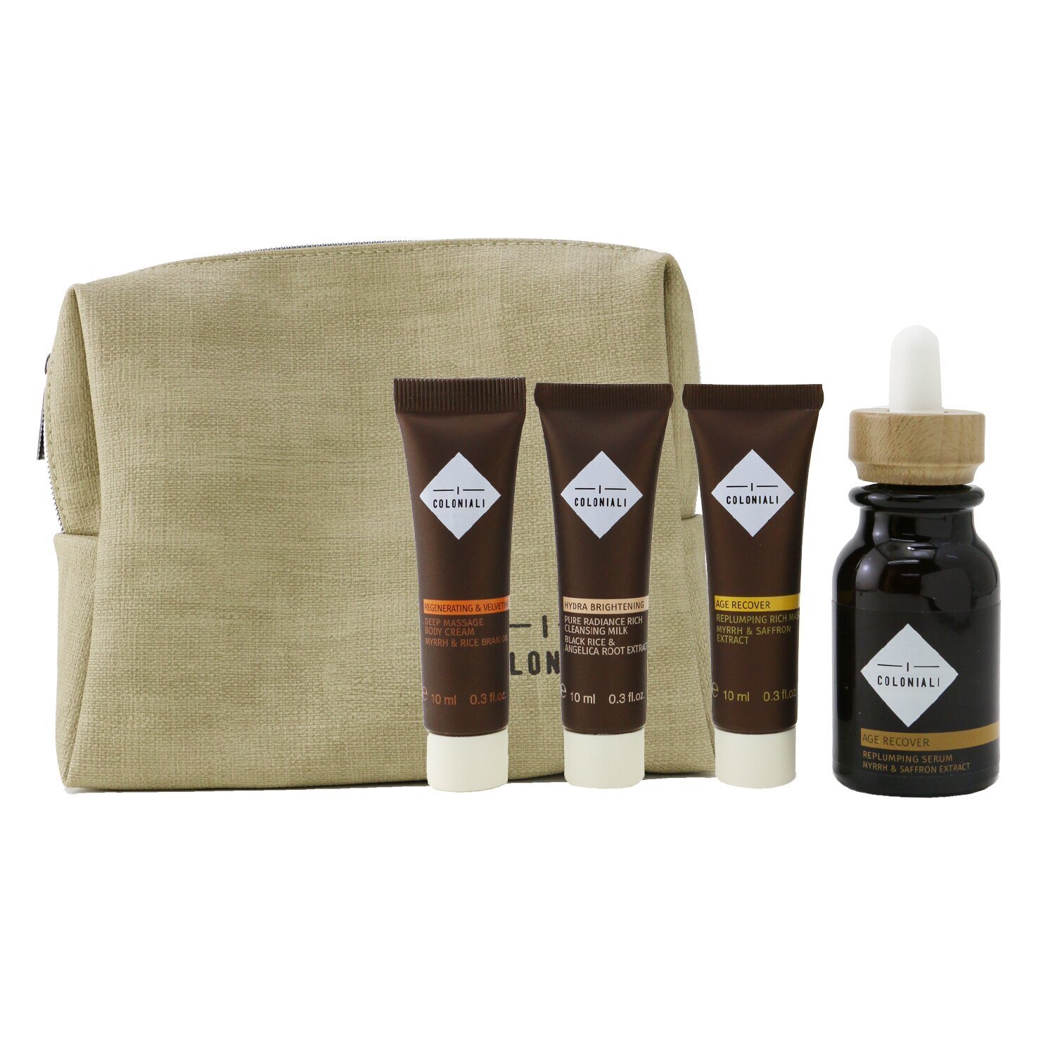 I Coloniali The Potion of Rebirth Set With Pouch: 1x Age Recover - Replumping Serum - 30ml/1oz + 1x Age Recover - Replumping Rich Mask - 10ml/0.3oz + 1x Hydra Brightening Pure Radiance Rich Cleansing Milk - 10ml/0.3oz + 1x Regenerating & Velveting - Deep Massage Body Cream - 10ml/0.3oz + 1x bag - סט של סרום, מ 4pcs+1bag