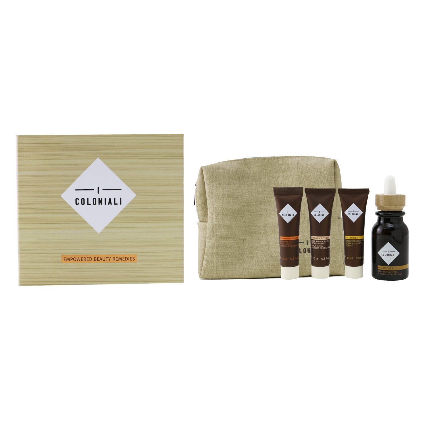 I Coloniali The Potion of Rebirth Set With Pouch: 1x Age Recover - Replumping Serum - 30ml/1oz + 1x Age Recover - Replumping Rich Mask - 10ml/0.3oz + 1x Hydra Brightening Pure Radiance Rich Cleansing Milk - 10ml/0.3oz + 1x Regenerating & Velveting - Deep Massage Body Cream - 10ml/0.3oz + 1x bag - סט של סרום, מ 4pcs+1bag