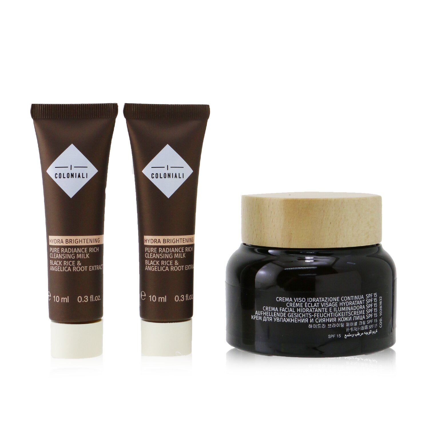 I Coloniali Empowered Beauty Remedies Travel Set With Bag: 1x Hydra Brightening - Long Lasting Moisture Cream SPF 15 - 50ml/1.7oz + 2x Hydra Brightening - Pure Radiance Rich Cleansing Milk - 10ml/0.3oz + 1x bag - סט נסיעות 3pcs+1bag