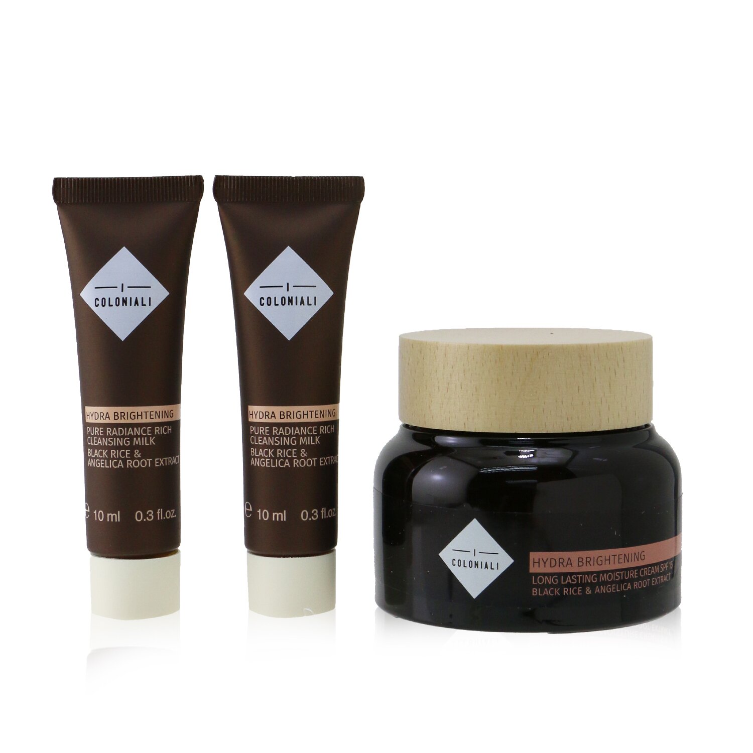 I Coloniali Empowered Beauty Remedies Travel Set With Bag: 1x Hydra Brightening - Long Lasting Moisture Cream SPF 15 - 50ml/1.7oz + 2x Hydra Brightening - Pure Radiance Rich Cleansing Milk - 10ml/0.3oz + 1x bag - סט נסיעות 3pcs+1bag