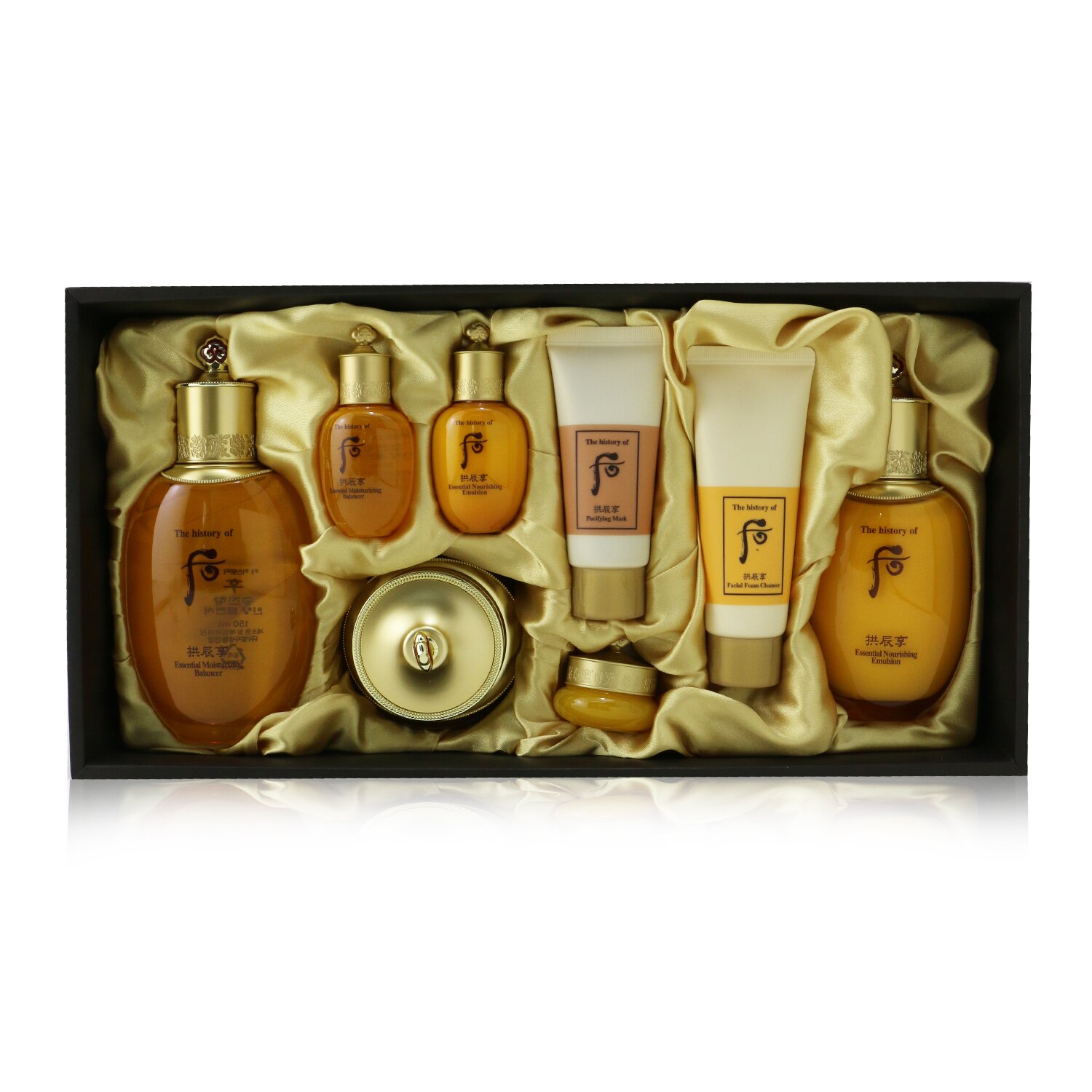 Whoo (The History Of Whoo) Gongjinhyang Essential Set: Balancer (150ml+20ml) + Emulsion (110ml + 20ml ) + Cream 30ml + Eye Cream 4ml + Cleanser 40ml + Mask 30ml 8pcs