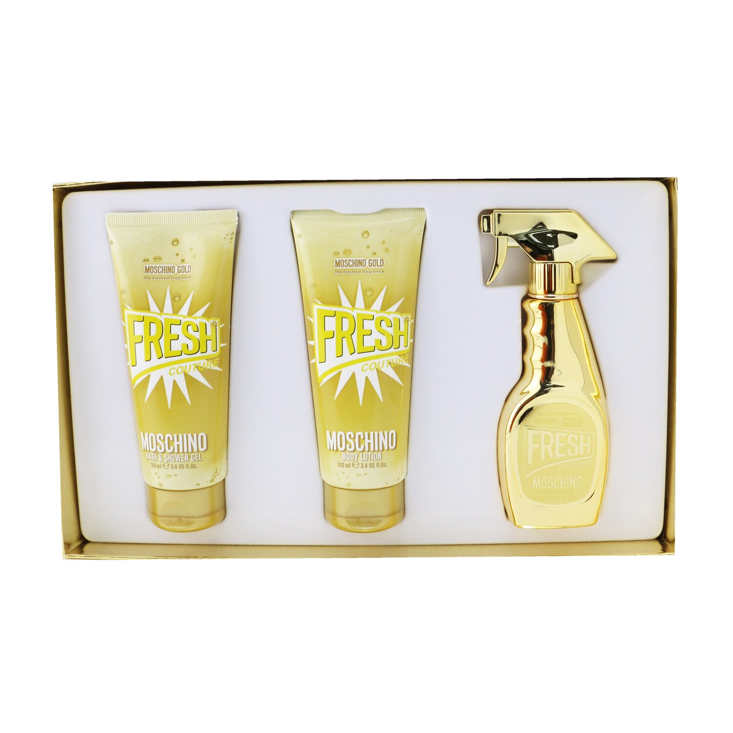 Moschino Gold Fresh Couture Coffret: Eau De Parfum Spray 50ml/1.7oz + The Freshest Body Lotion 100ml/3.4oz + The Freshest Bath & Shower Gel 100ml/3.4oz 3pcs