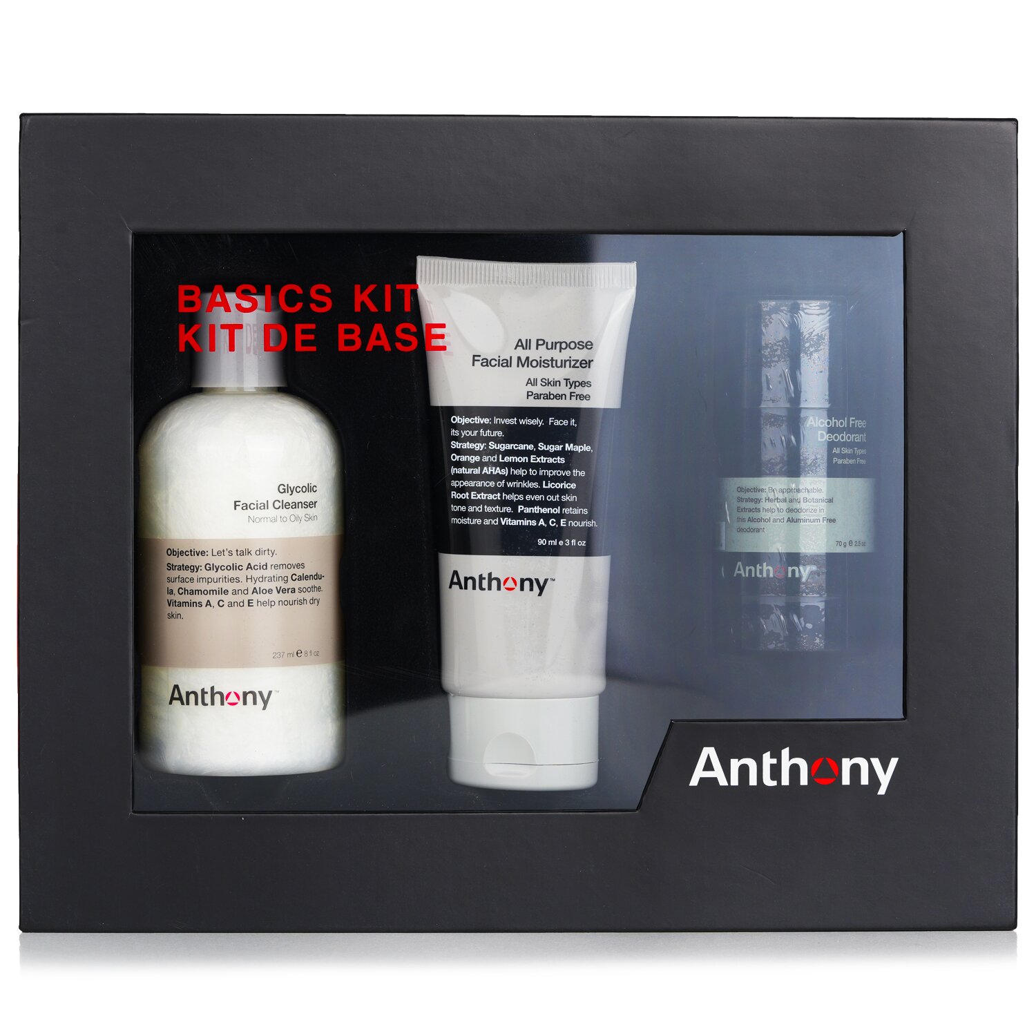 Anthony Kit Básico Con Desodorante Libre de Alcohol: Limpiador 237ml + Hidratante 90ml + Desodorante 70g 3pcs
