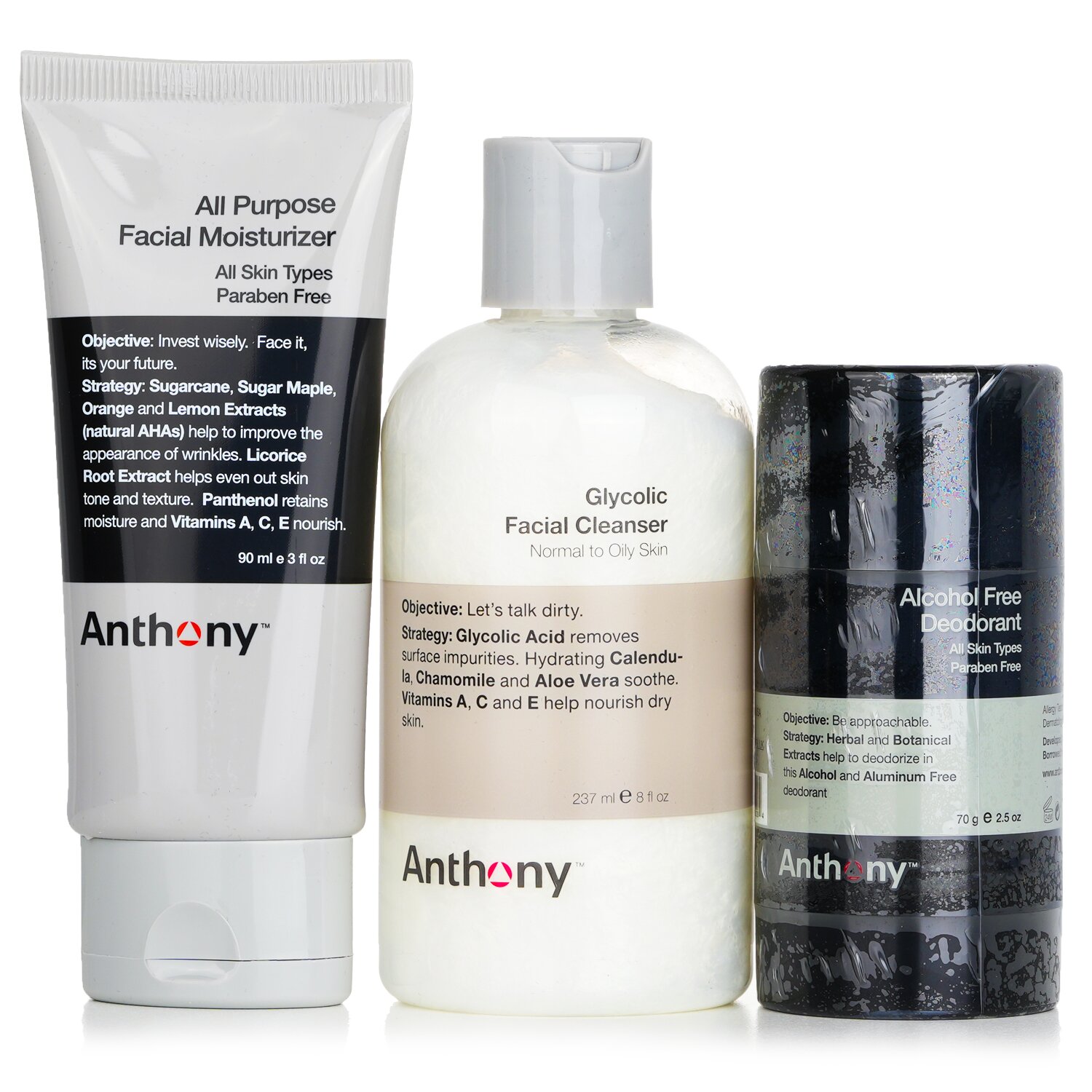 Anthony Kit Básico Con Desodorante Libre de Alcohol: Limpiador 237ml + Hidratante 90ml + Desodorante 70g 3pcs