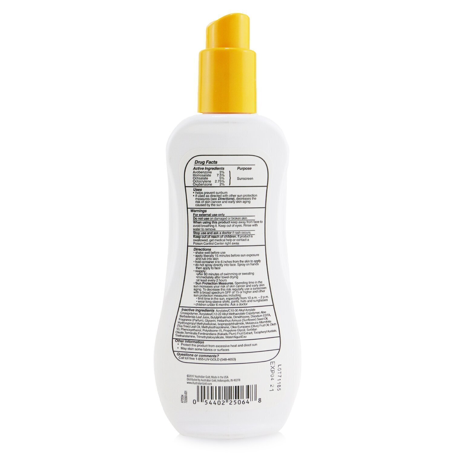 Australian Gold Spray Gel Sunscreen Broad Spectrum SPF 30 (Exp. Date: 04/2021) 237ml/8oz
