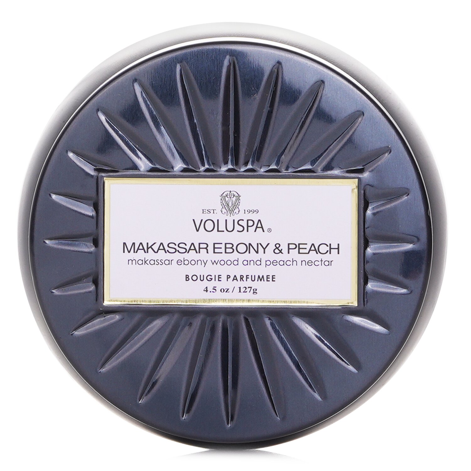 Voluspa شمع قصديري صغير - Makassar Ebony & Peach 127g/4.5oz