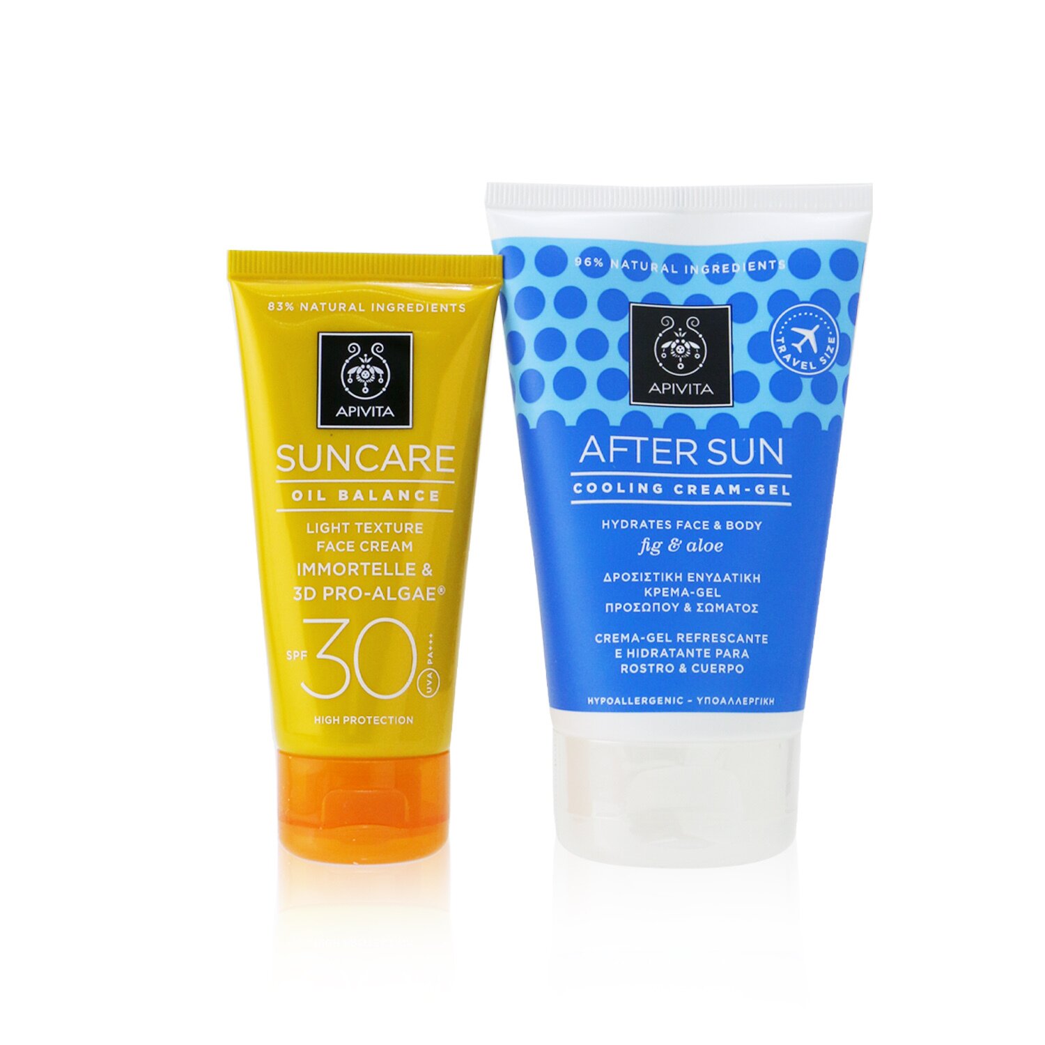 Apivita Suncare Gift Set: Oil Balance Face Cream (Immortelle & 3D Pro-Algae) SPF30 50ml + After Sun Cooling Cream-Gel 100ml 2pcs+1pouch