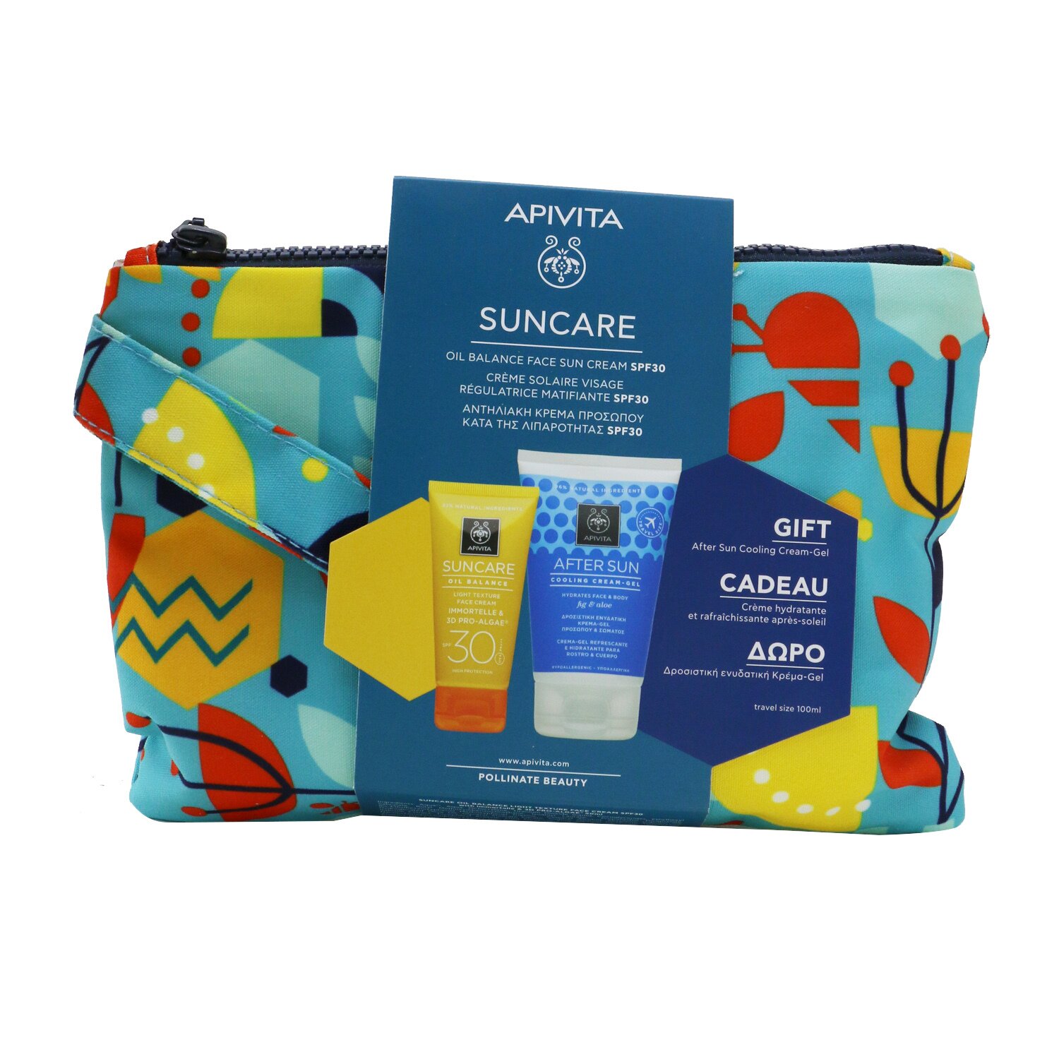 Apivita Suncare Gift Set: Oil Balance Face Cream (Immortelle & 3D Pro-Algae) SPF30 50ml + After Sun Cooling Cream-Gel 100ml 2pcs+1pouch
