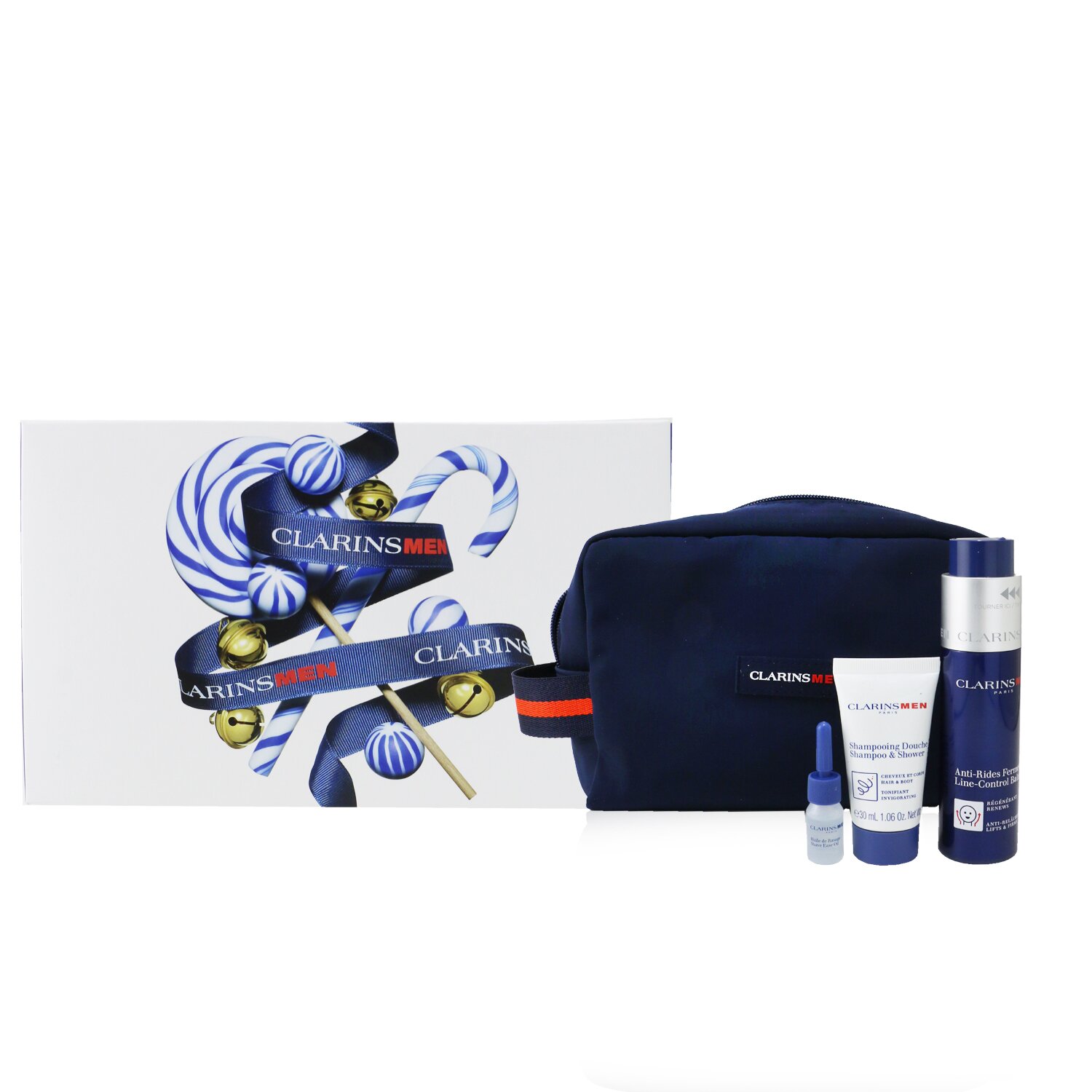 Clarins Men Expert Firming Essentials Set: Line-Control Balm 50ml + Shampoo & Shower 30ml + Shave Ease oil 3ml 3pcs+1pouch