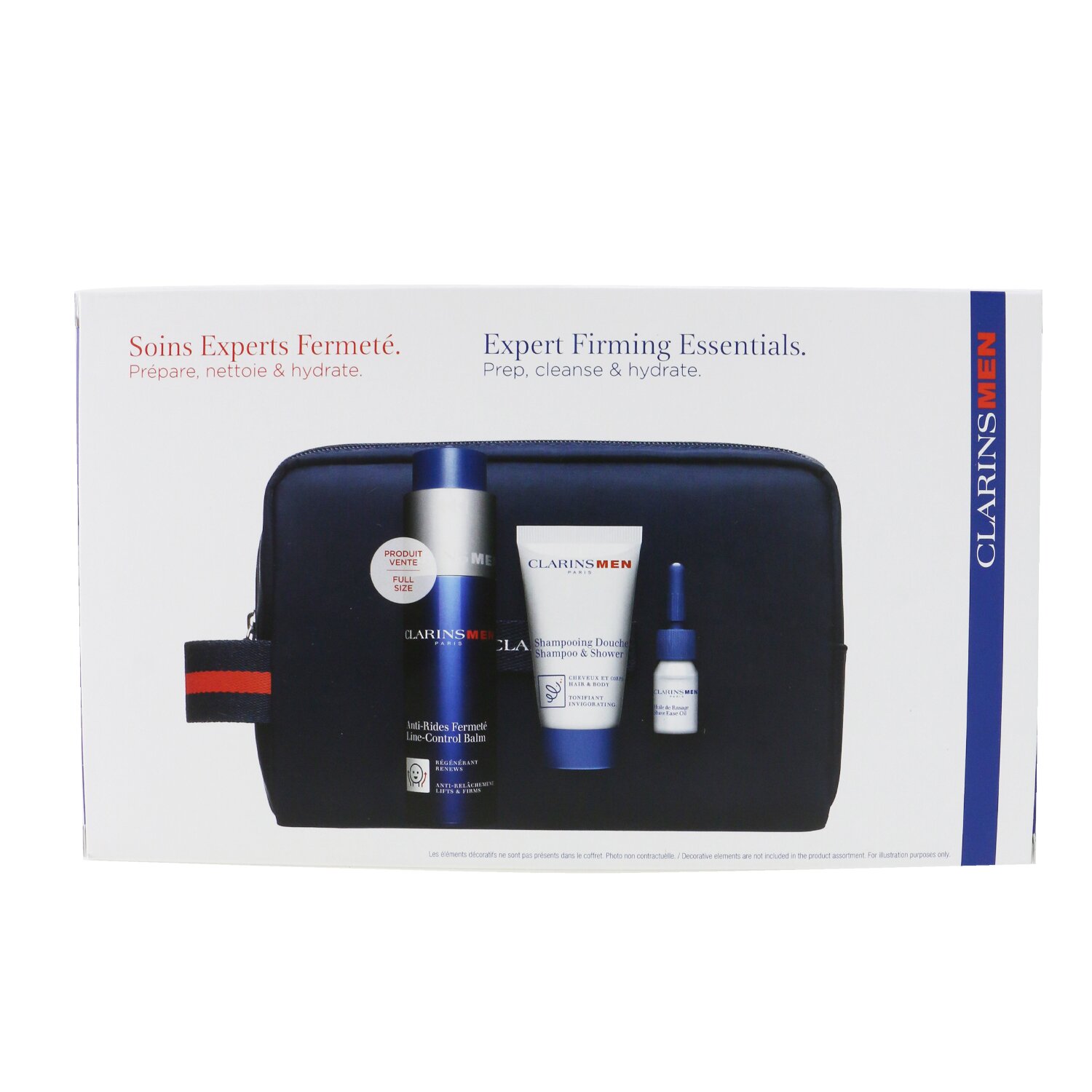 Clarins Men Expert Firming Essentials Set: Line-Control Balm 50ml + Shampoo & Shower 30ml + Shave Ease oil 3ml 3pcs+1pouch