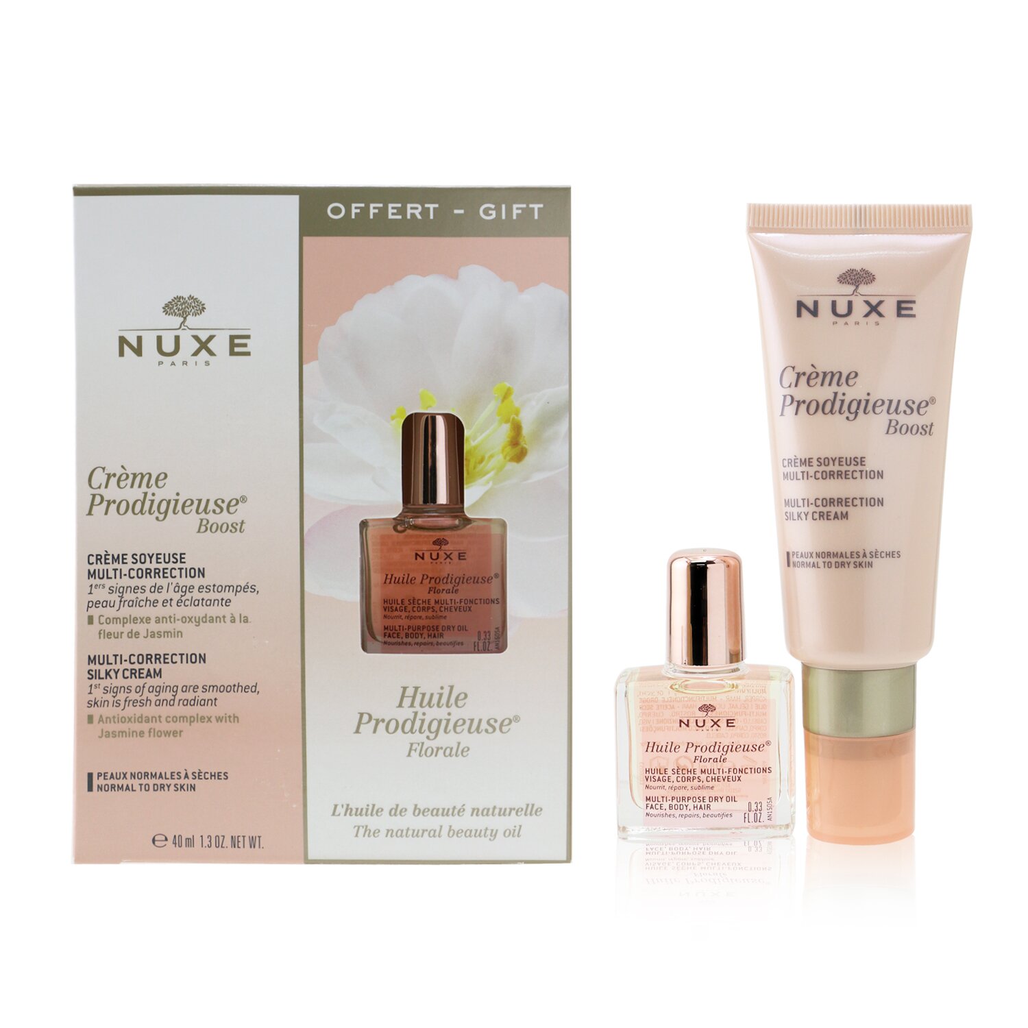 Nuxe Zestaw upominkowy Nuxe: Creme Prodigieuse Boost multi-correction jedwabisty krem 40 ml + wielofunkcyjny suchy olejek Huile Prodigieuse Florale 10 ml 2pcs
