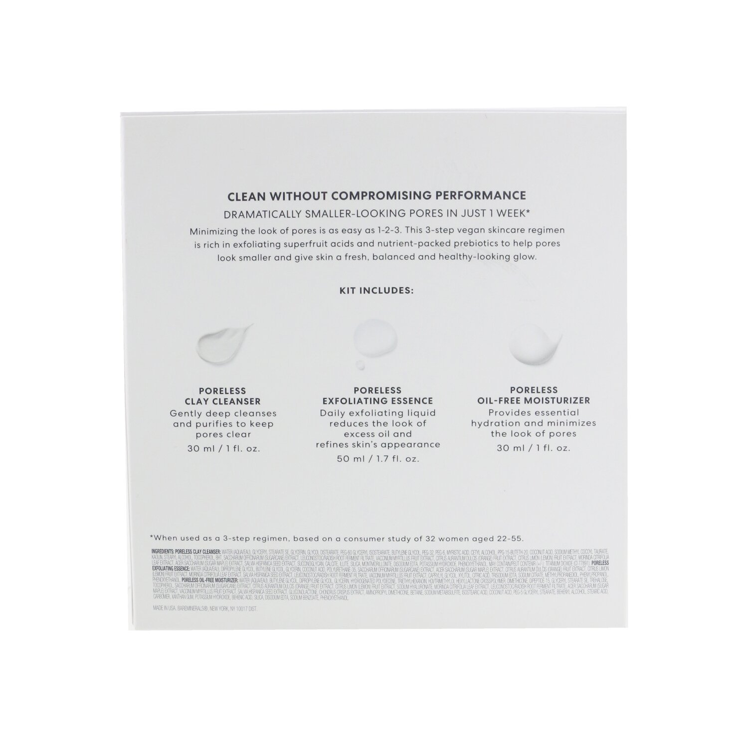 BareMinerals Kit Poreless At Any Age Starter: Limpiador de Arcilla 30ml + Esencia Exfoliante 50ml + Hidratante Libre de Aceite 30ml 3pcs