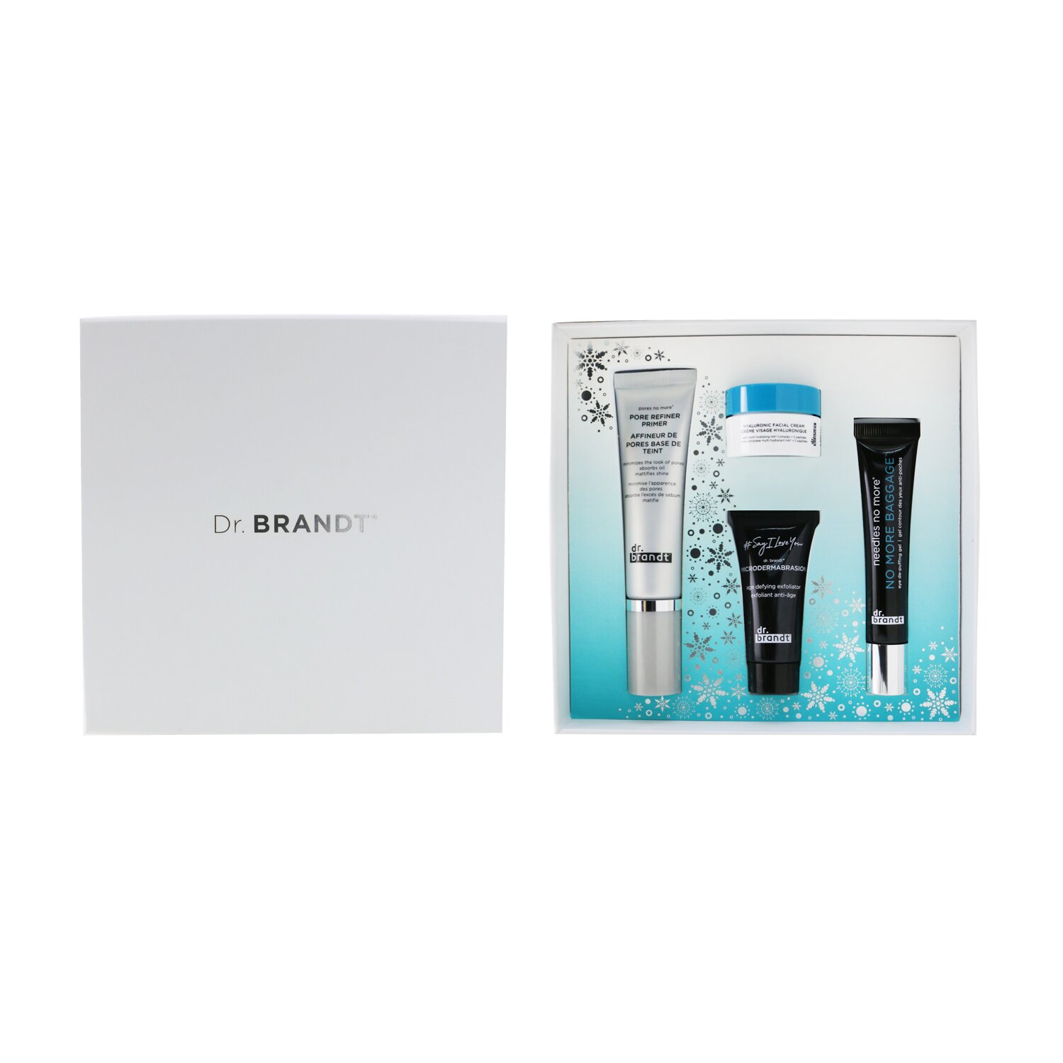 Dr. Brandt Bayram və Qüsursuz Dəst: Məsamə Təmizləyici Astar 30ml+ Artıq Baqaj Yoxdur 15g+ Mikrodermabraziya 15g+ Hialuron Üz Kremi 10q 4pcs