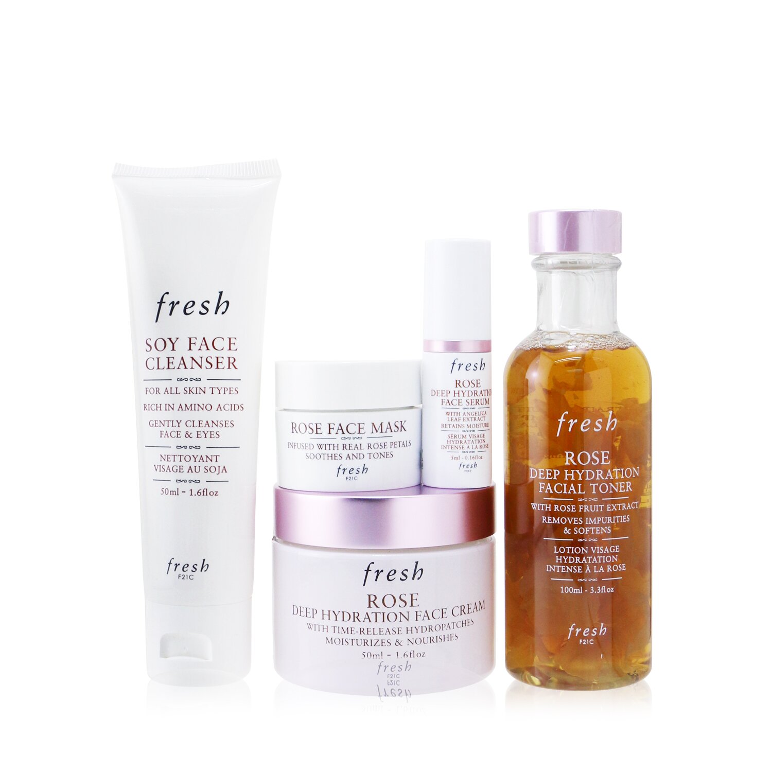 Fresh Rose Deep Hydration Ritual Set: 1x Soy Face Cleanser - 50ml/1.6oz + 1x Rose Deep Hydration Face Cream 50ml/1.6oz + 1x Rose Deep Hydration Facial Toner - 100ml/3.3oz + 1x Rose deep Hydration Face Serum - 5ml/0.17oz + 1x Rose Face Mask - 15ml/0.5oz 5pcs