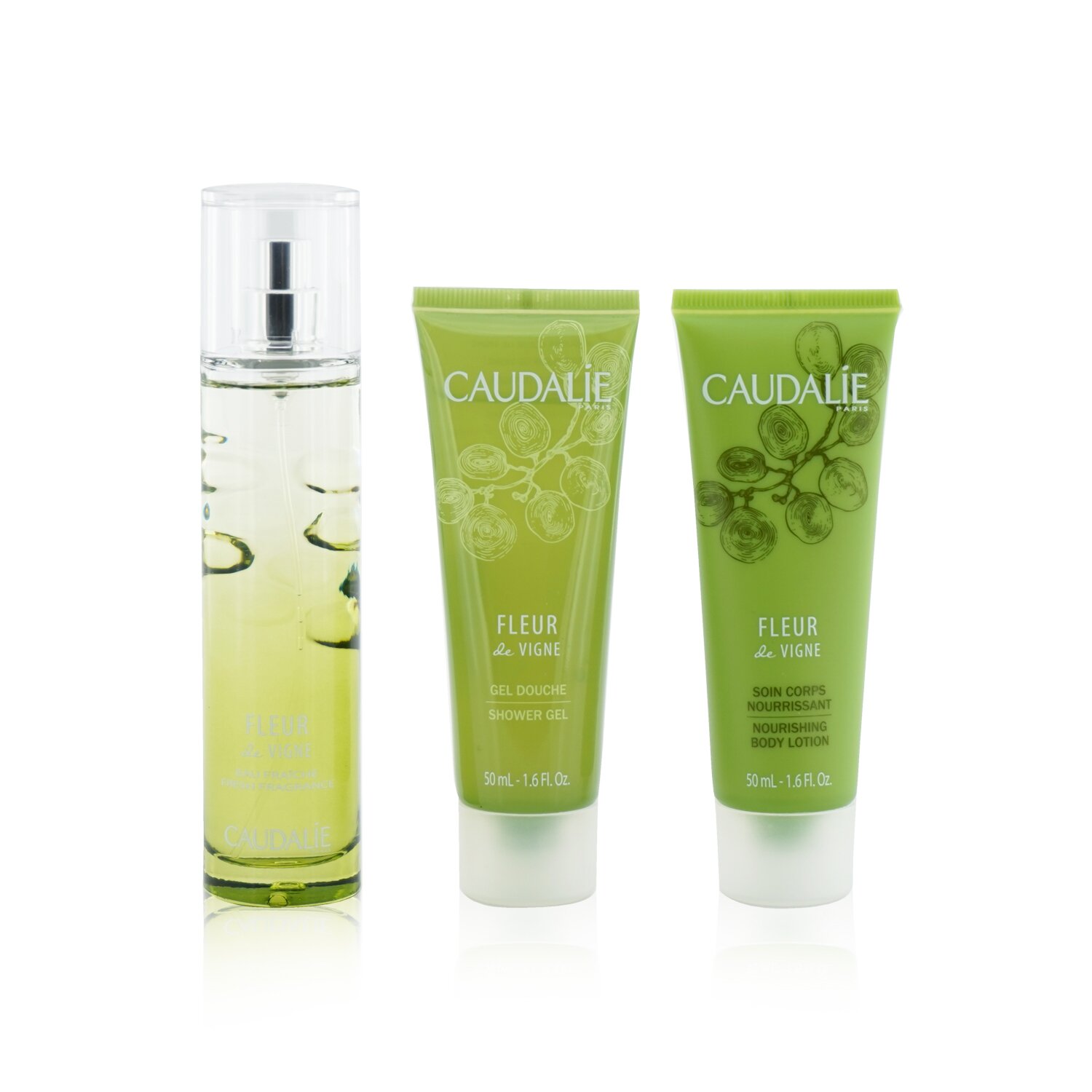 Caudalie Fleur De Vigne Christmas Coffret: Fresh Fragrance Spray 50ml + Shower Gel 50ml + Body Lotion 50ml (Light Green Line) 3pcs