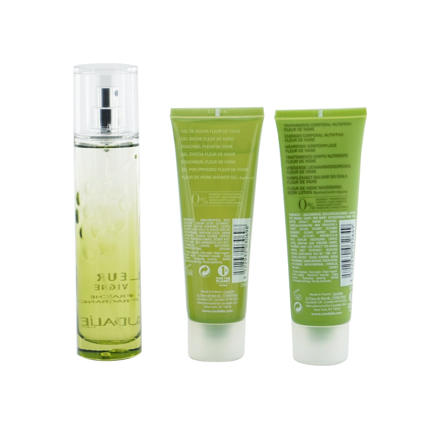 Caudalie Fleur De Vigne Christmas Coffret: Fresh Fragrance Spray 50ml + Shower Gel 50ml + Body Lotion 50ml (Light Green Line) 3pcs