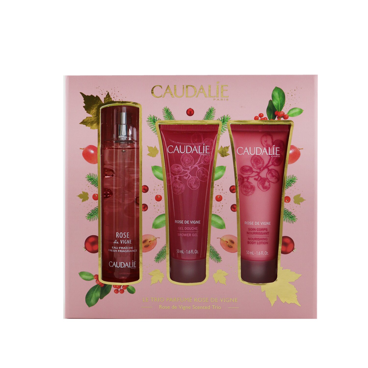 Caudalie Rose De Vigne Christmas Coffret: Fresh Fragrance Spray 50ml + Shower Gel 50ml + Body Lotion 50ml (Pink Line) 3pcs