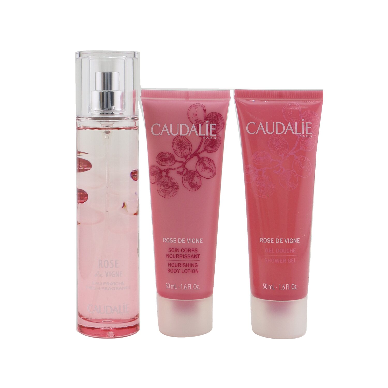 Caudalie Rose De Vigne Christmas Coffret: Fresh Fragrance Spray 50ml + Shower Gel 50ml + Body Lotion 50ml (Pink Line) 3pcs
