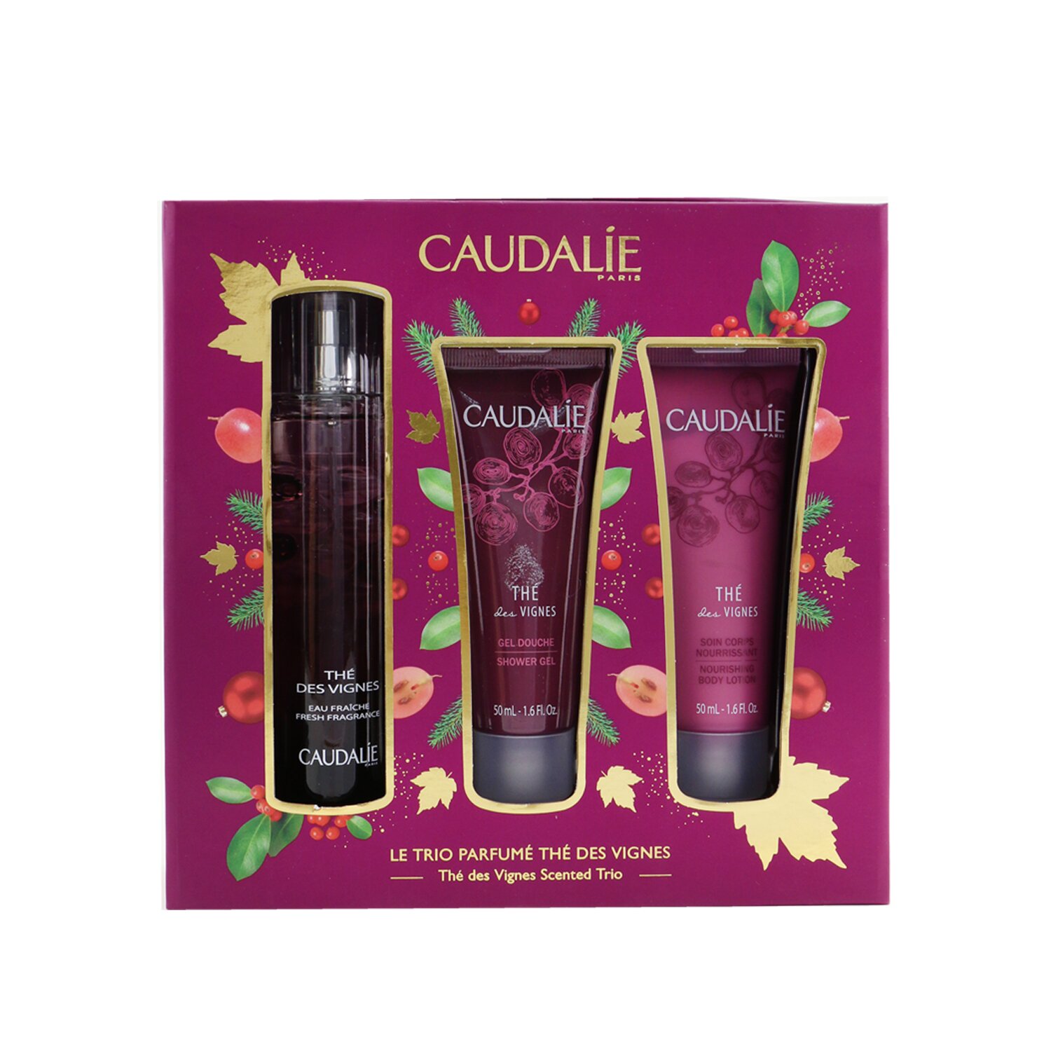 Caudalie The Des Vignes Christmas Coffret: Fresh Fragrance Spray 50ml + Shower Gel 50ml + Body Lotion 50ml (Purple Line) 3pcs