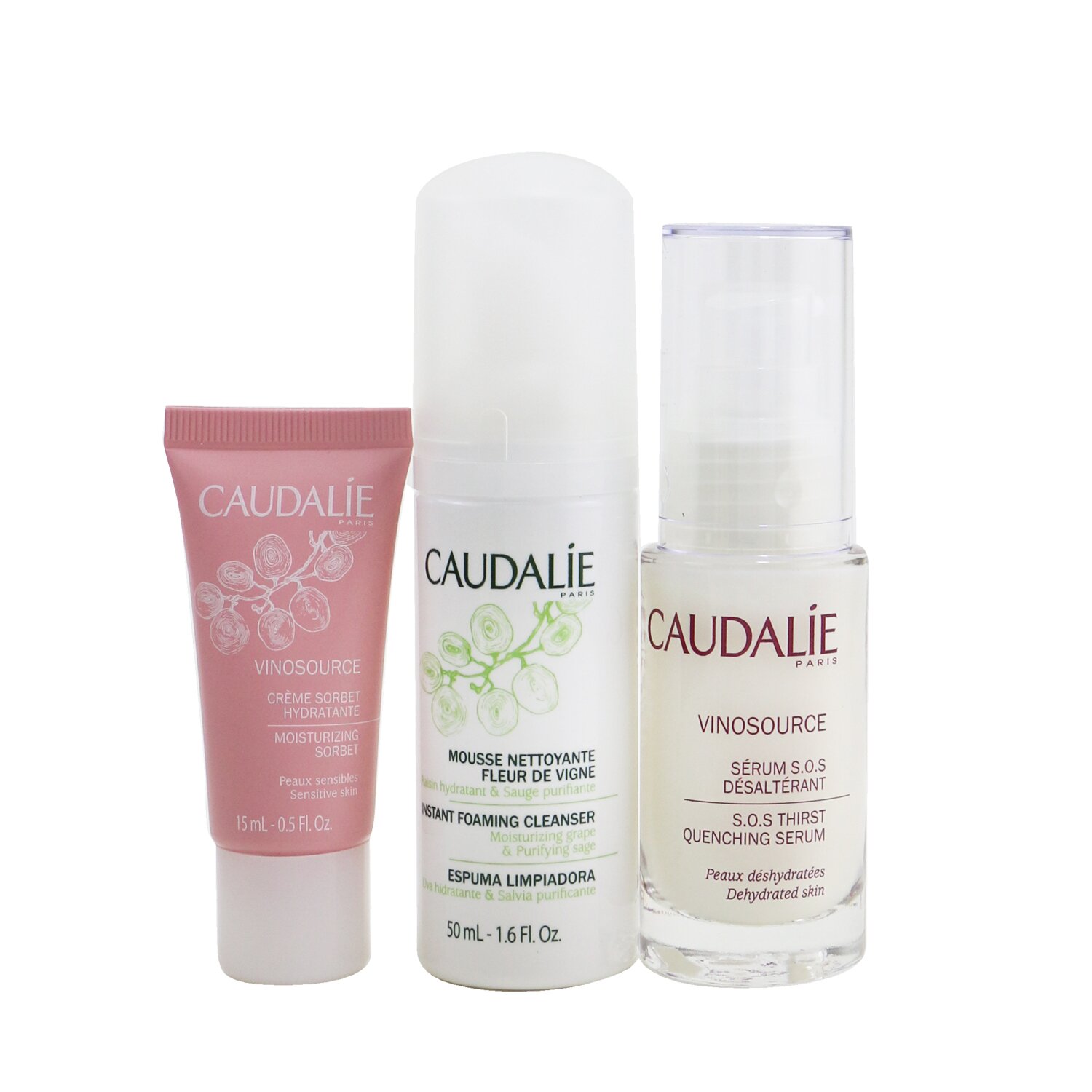 Caudalie Vinosource S.O.S Hydration Set: S.O.S Thirst-Quenching Serum 30ml+ Instant Foaming Cleanser 50ml+ Moisturizing Sorbet 15ml 3pcs