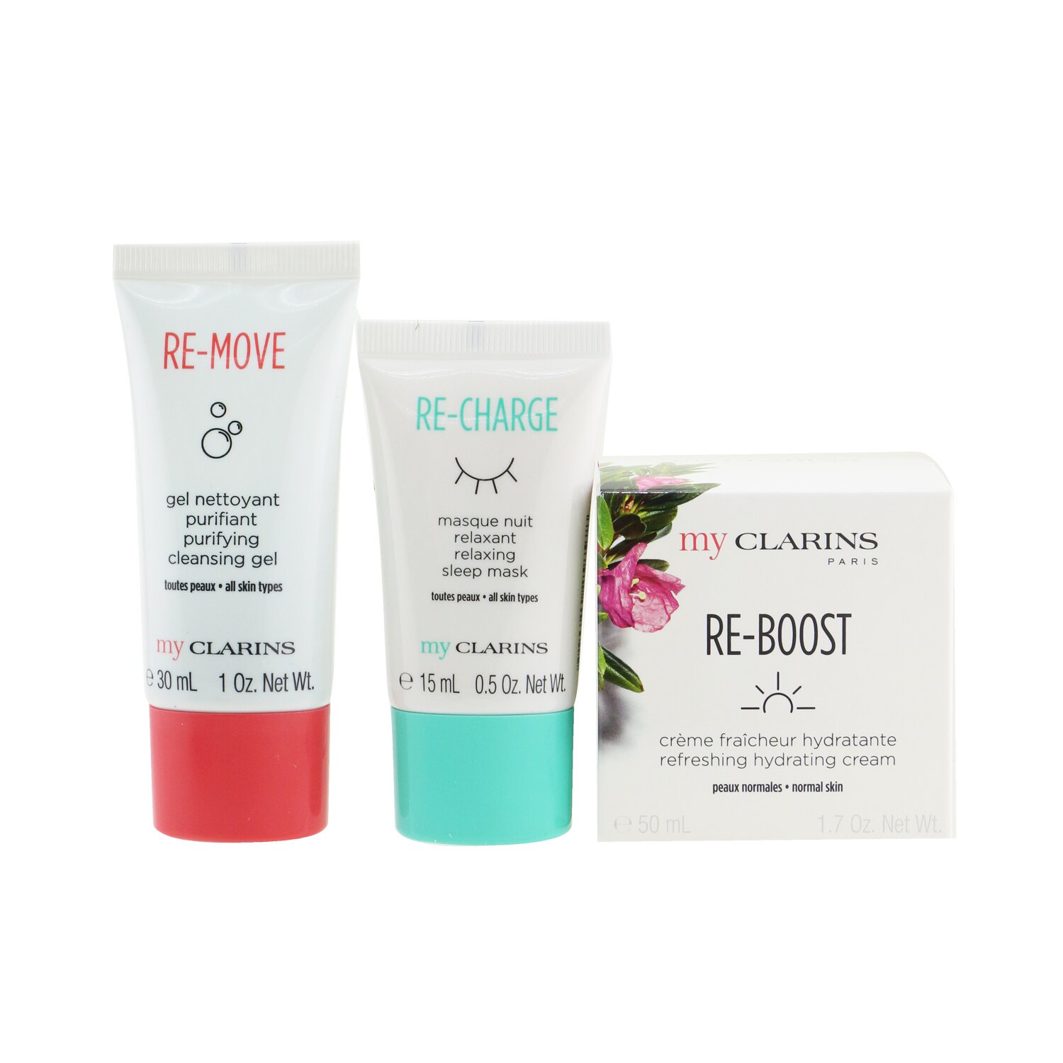 Clarins My Clarins The Essentials Set: Re-Boost Hydrating Cream 50ml+ Re-Move Cleansing Gel 30ml+ Re-Charge Sleep Mask 15ml - סט מוצרי החובה של קלרינס 3pcs