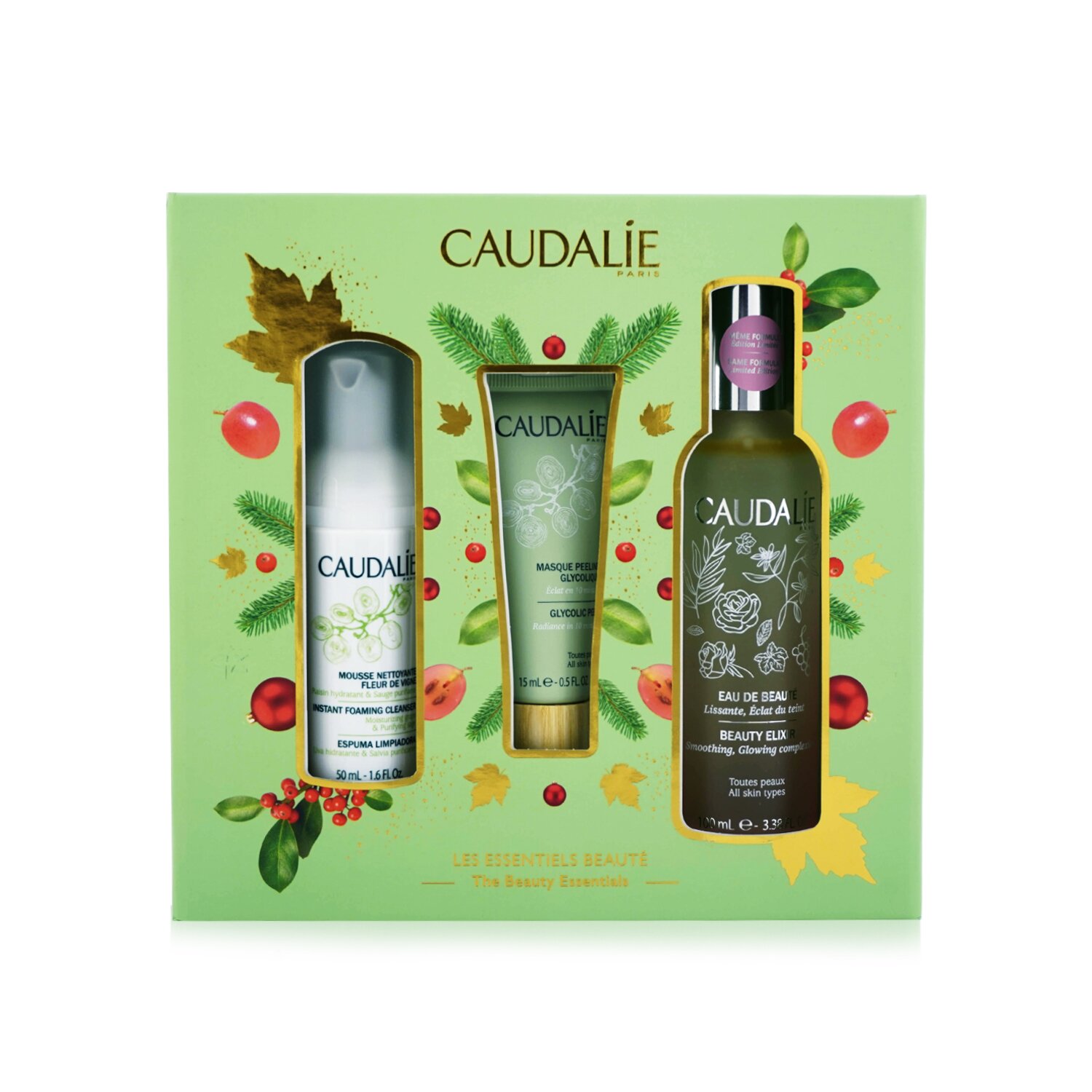 Caudalie 歐緹麗  美容必備套裝：Beauty Elixir 100ml+ 即時泡沫潔面乳 50ml+ 乙醇酸去角質 15ml 3pcs