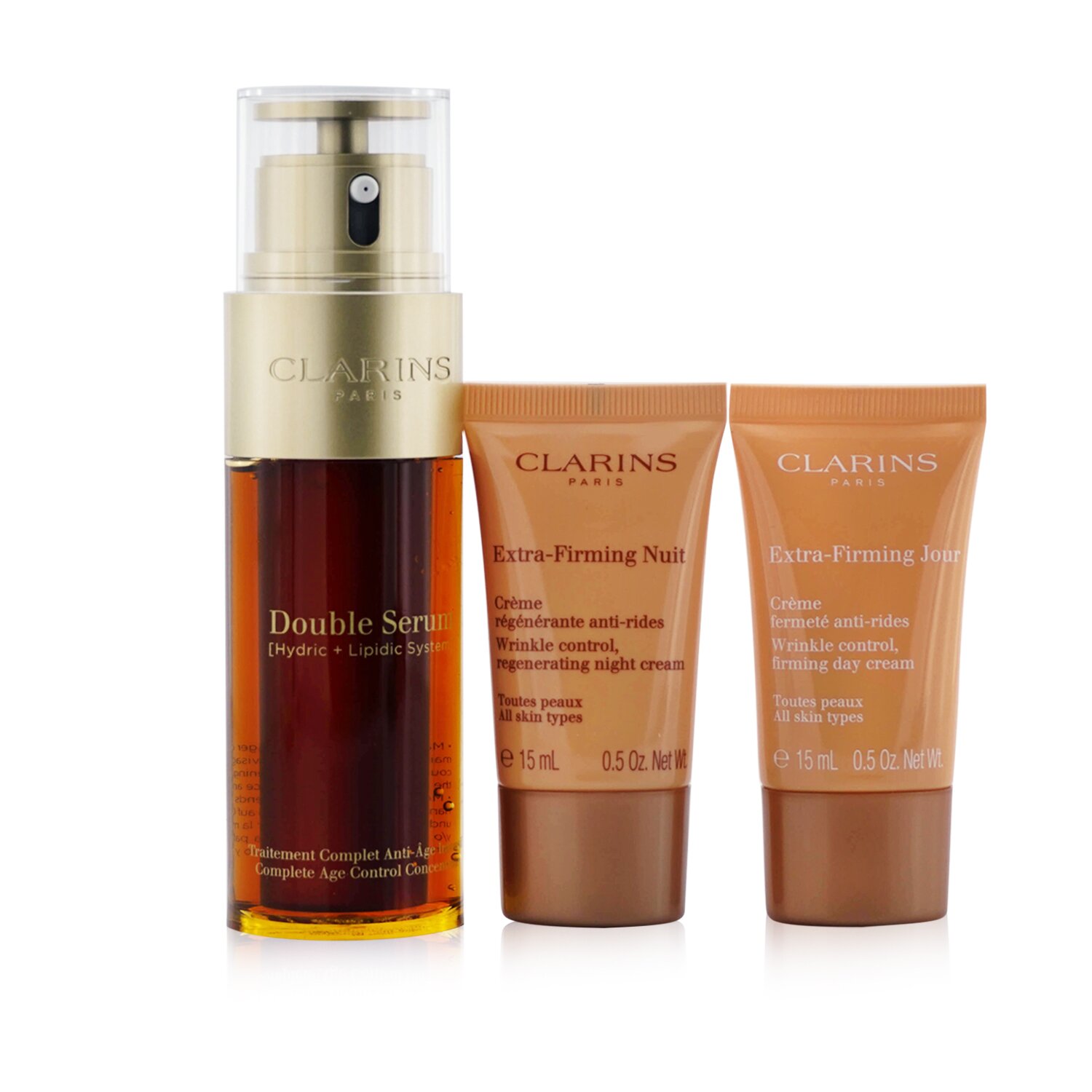 Clarins Set Double Suero Extra-Edición: Doble Suero 50ml + Crema de Día Extra-Reafirmante 15ml + Crema de Noche 15ml + Bag 3pcs+1bag