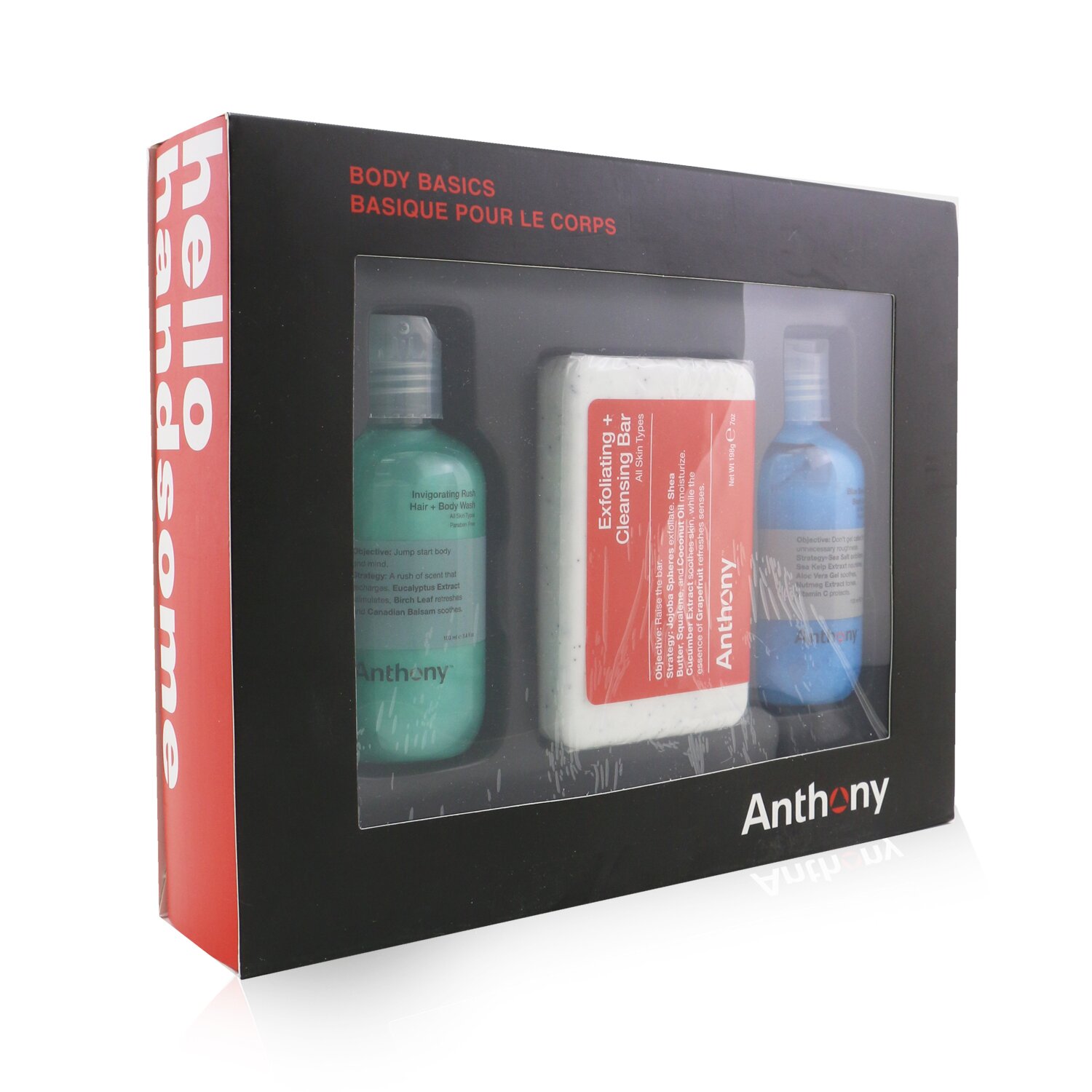 Anthony Body Basics Kit: Invigorating Rush Hair+Body Wash 100ml + Exfoliating + Cleansing Bar 198g + Blue Sea kelp Body Scrub 100ml 3pcs