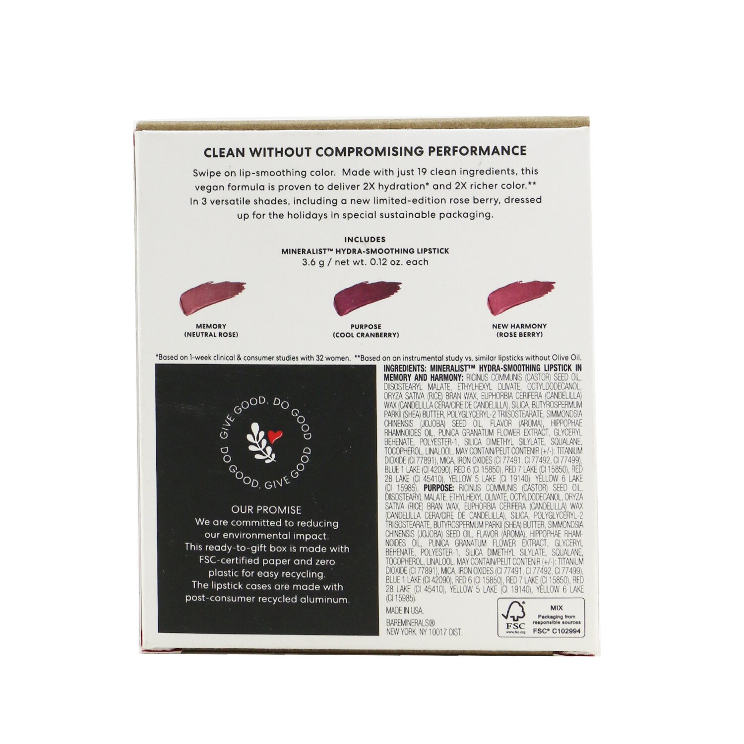 BareMinerals Full Size Mineralist Hydra Smoothing Lipstick Trio (Memory, Purpose, New Harmony) 3x3.6g/0.12oz