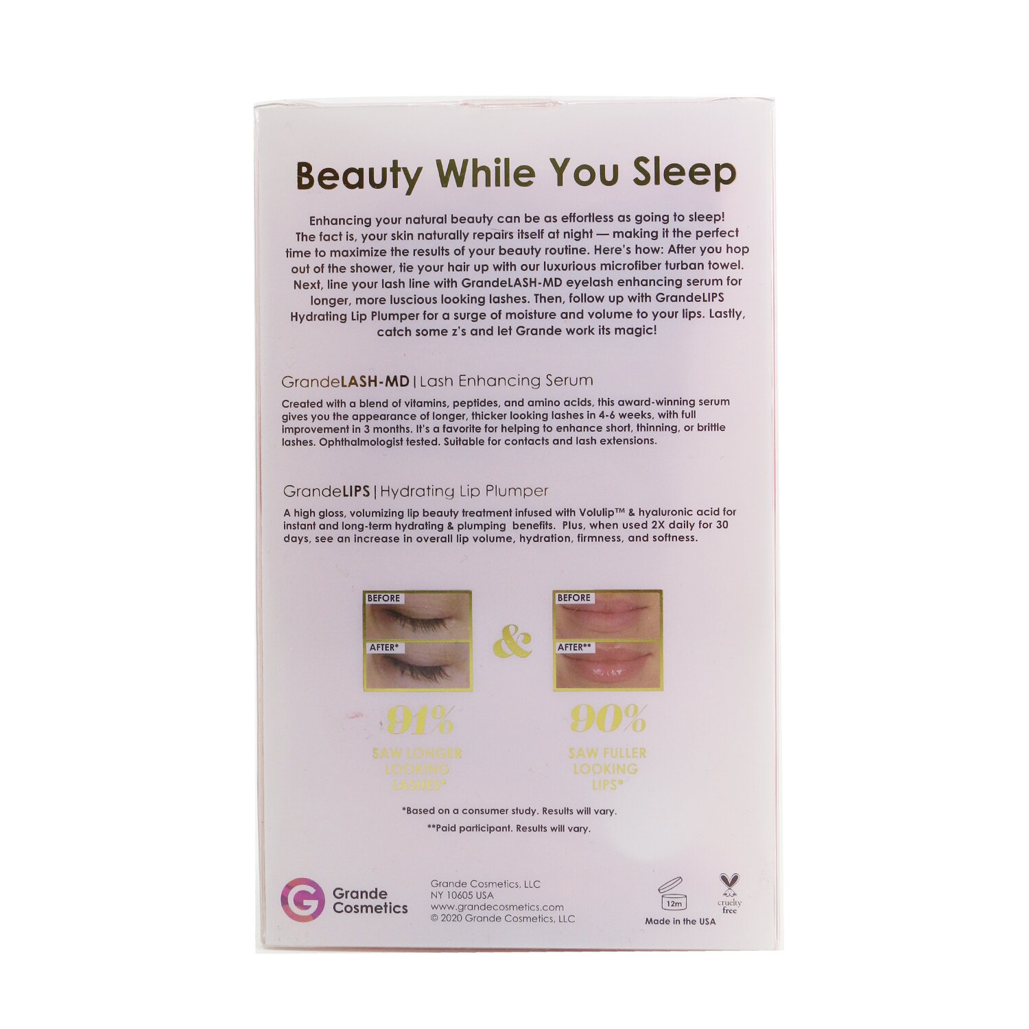 Grande Cosmetics (GrandeLash) Beauty While You Sleep Set: GrandeLASH MD 2ml + GrandeLIPS 2.4ml + Microfiber Turban Towel 3pcs