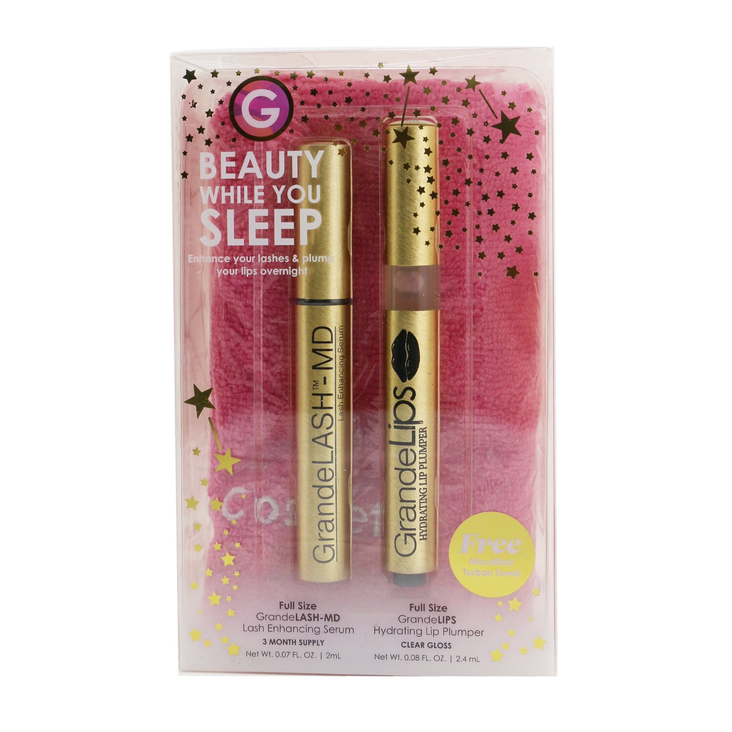 Grande Cosmetics (GrandeLash) Beauty While You Sleep Set: GrandeLASH MD 2ml + GrandeLIPS 2.4ml + Microfiber Turban Towel 3pcs