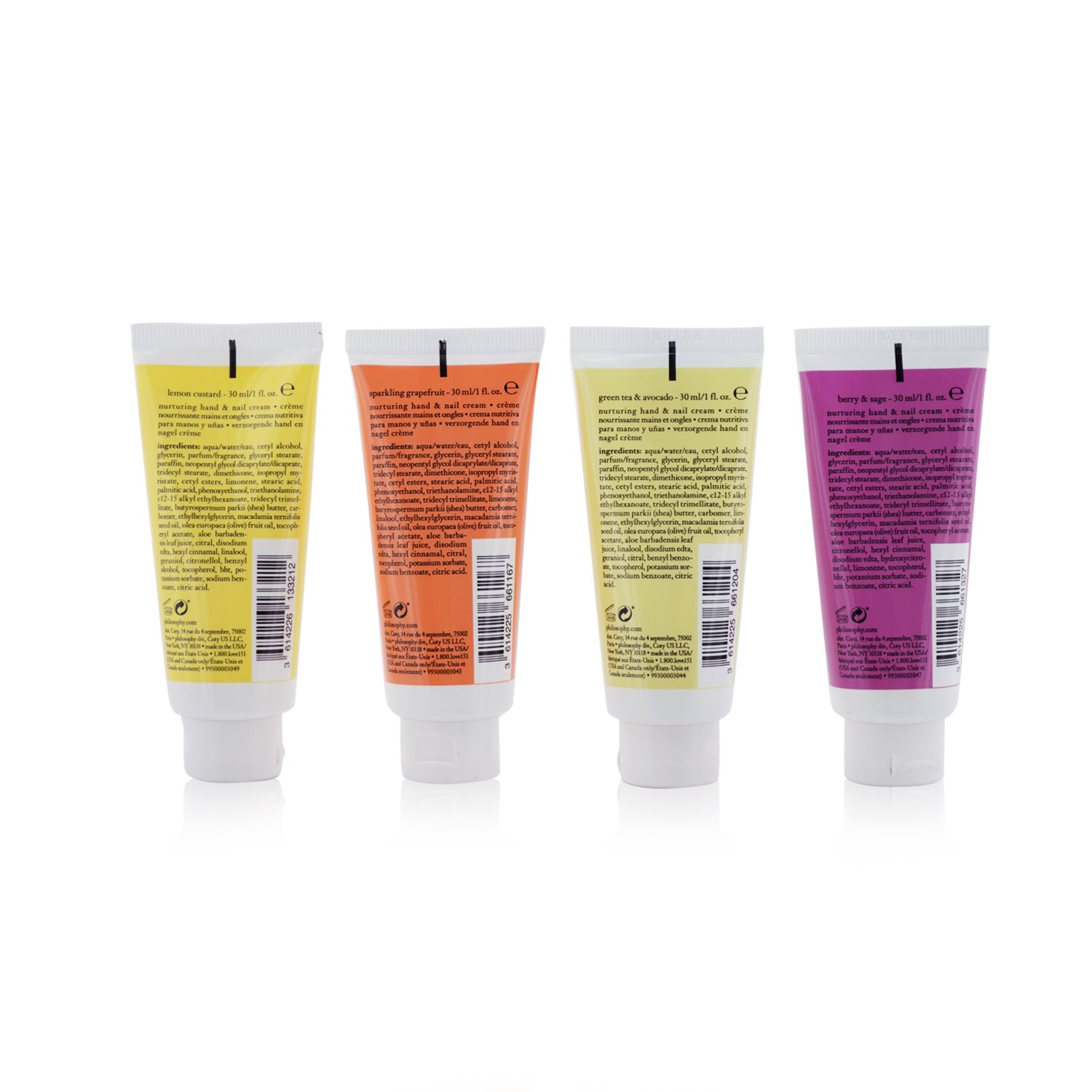Philosophy Hope For All Nurturing Hand & Nail Cream 4-Pieces Set: Lemon Custard 30ml + Sparkling Grapefruit 30ml + Green Tea & Avocado 30ml + Berry & Sage 30ml (Box Slightly Damaged) 4x30ml/1oz