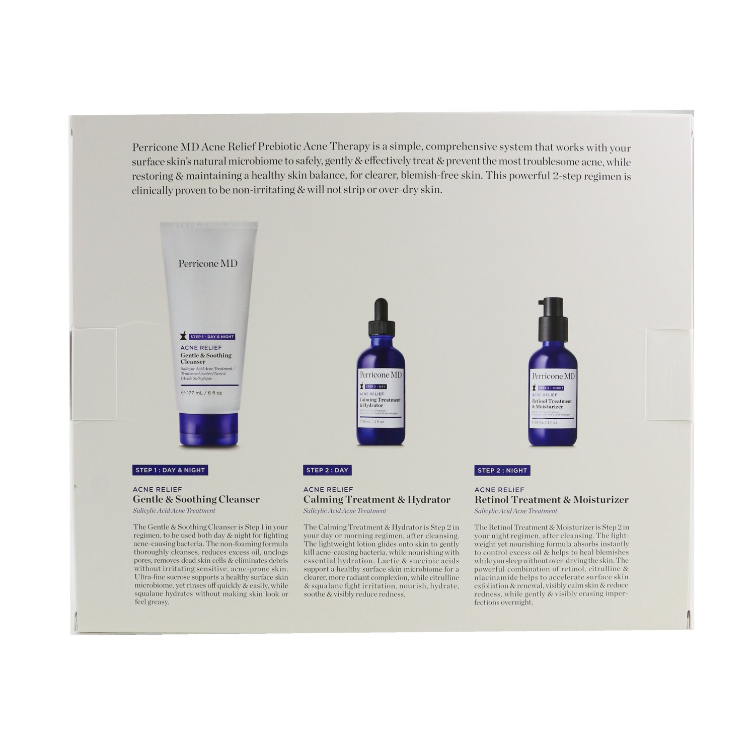 Perricone MD Acne Relief Prebiotic Acne Therapy - 90 Day Regimen Set: Cleanser 177ml + Hydrator 59ml + Moisturizer 59ml 3pcs