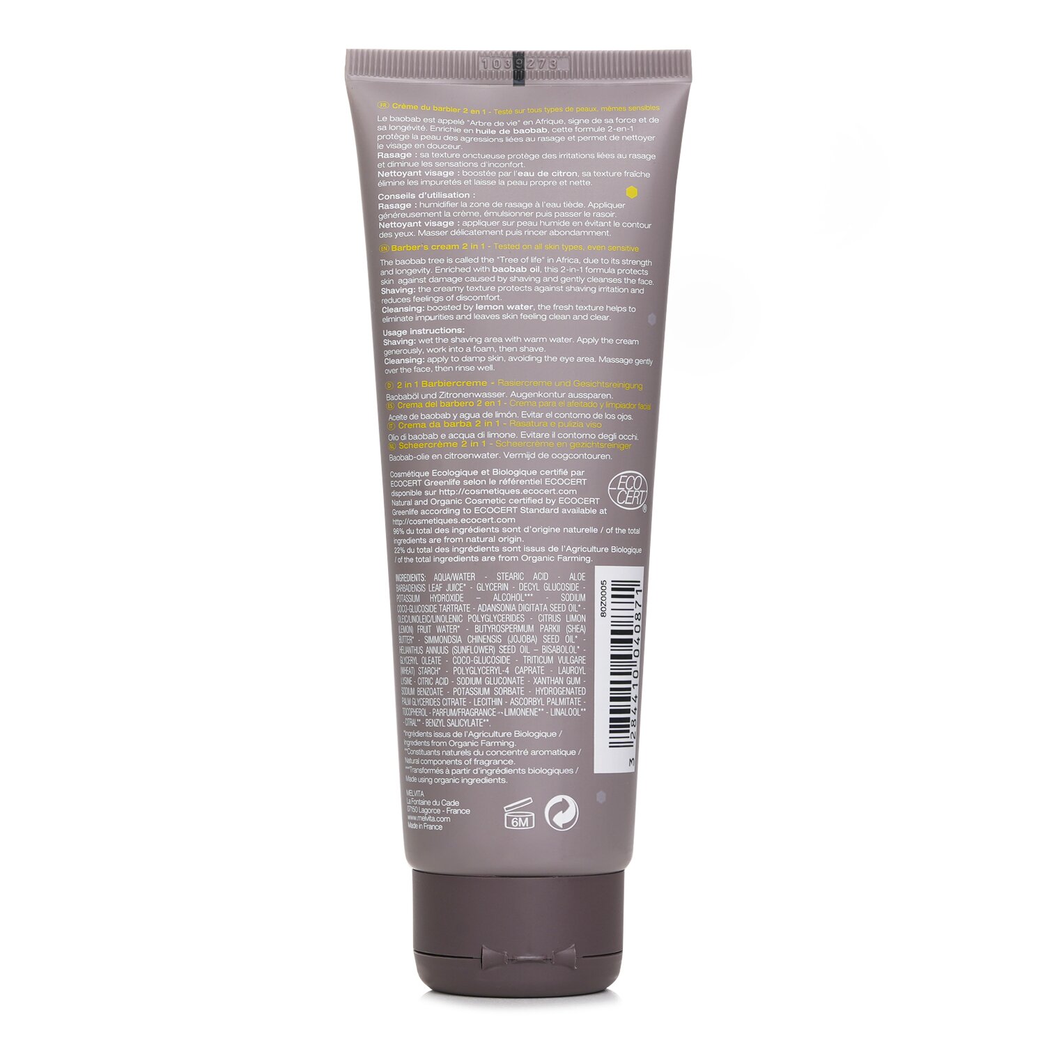 Melvita Homme Barber's Cream Shaving & Cleansing - 2 In 1 125ml/4.2oz