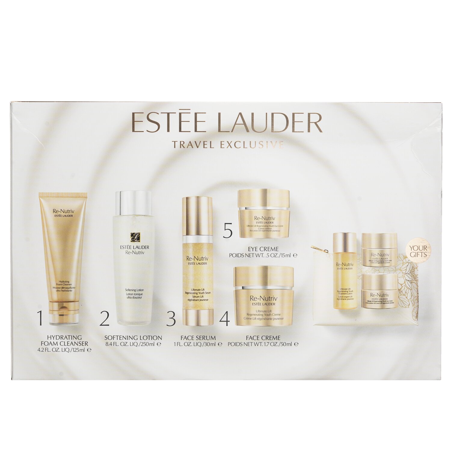 Estee Lauder The Secret Of Infinite Beauty Ultimate Lift Travel Collection: Creme 50ml+Serum 30ml+Eye Creme 15ml+Softening Lotion 250ml... 8pcs+1bag