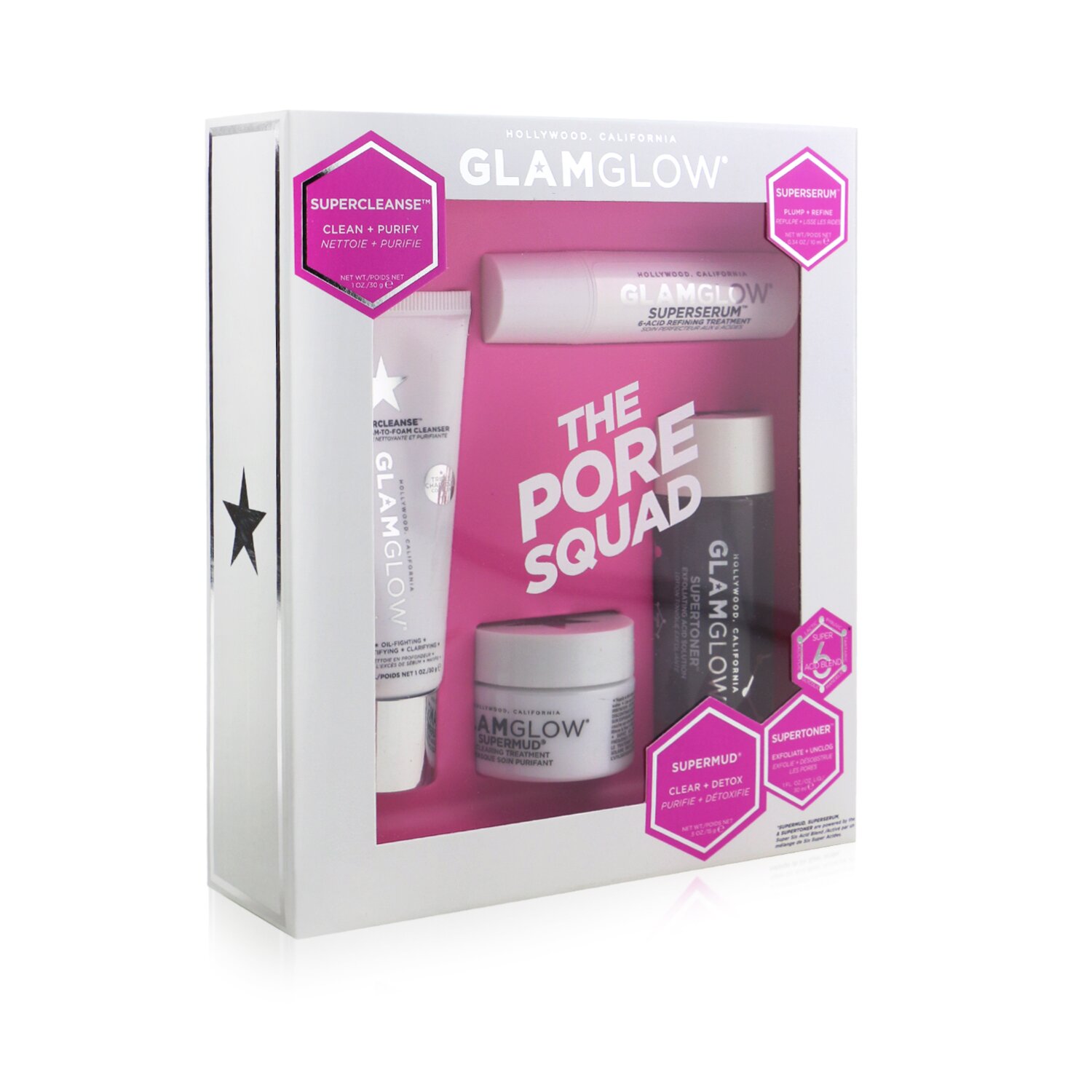 Glamglow Set The Pore Squad: 1x Supercleanse Clearing Limpiador Crema-A-Espuma - 30g/1oz + 1x Superserum 6-Acid Tratamiento Refinador - 10ml/0.34oz + 1x Supermud Tratamiento Aclarante - 15g/0.5oz + 1x Supertoner Solución de Ácido Exfoliante - 30ml/1oz 4pcs