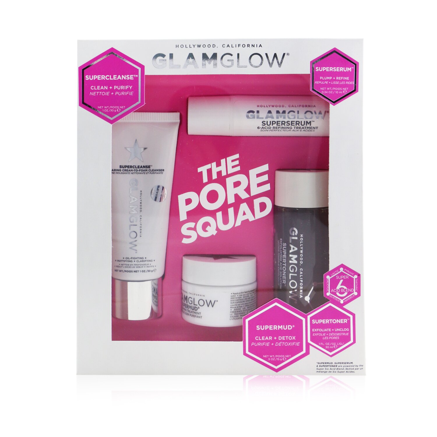 Glamglow Set The Pore Squad: 1x Supercleanse Clearing Limpiador Crema-A-Espuma - 30g/1oz + 1x Superserum 6-Acid Tratamiento Refinador - 10ml/0.34oz + 1x Supermud Tratamiento Aclarante - 15g/0.5oz + 1x Supertoner Solución de Ácido Exfoliante - 30ml/1oz 4pcs