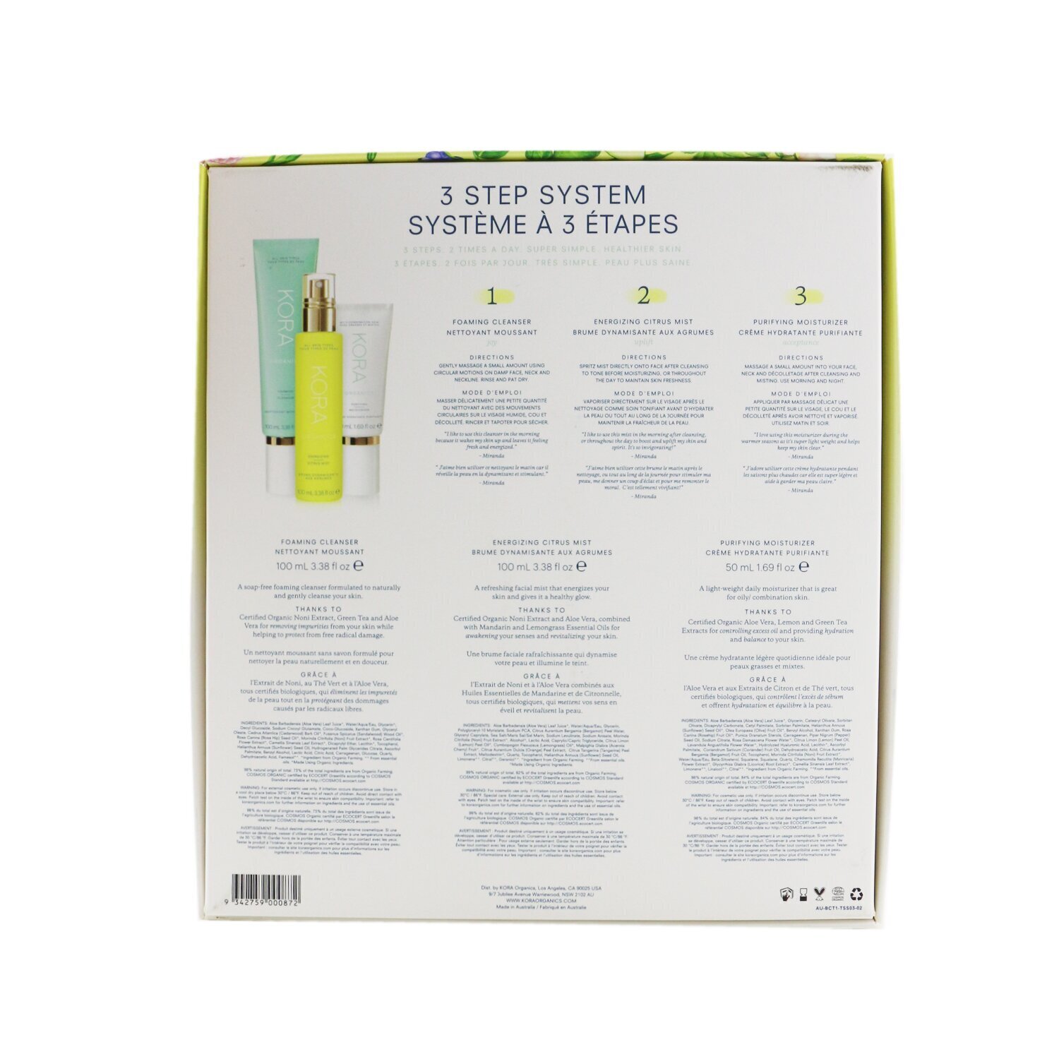 Kora Organics 3 Step System - Oily/Combination Skin: Foaming Cleanser 100ml+ Energizing Citrus Mist 100ml+ Purifying Moisturizer 50ml 3pcs