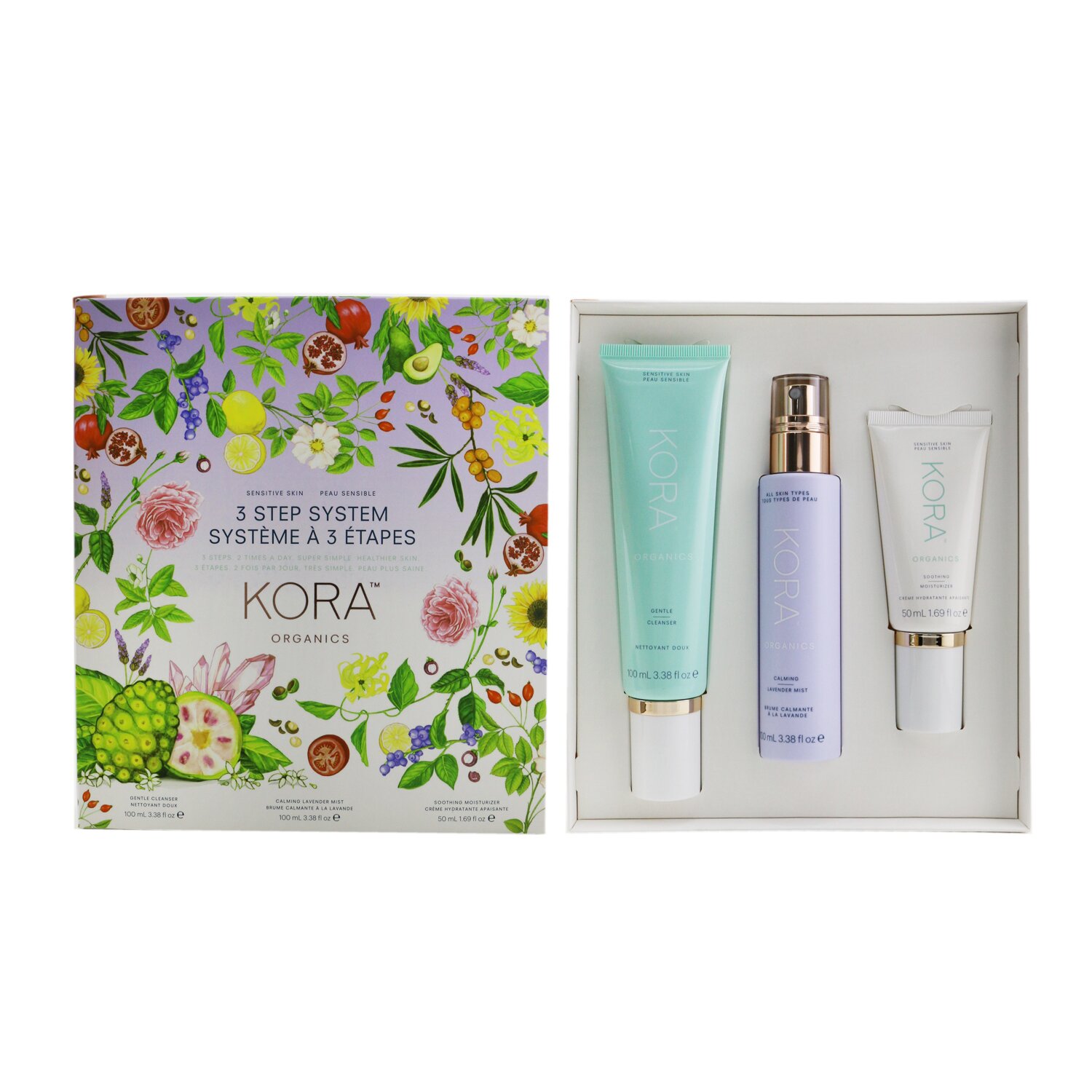 Kora Organics 3 Step System - Sensitive Skin: Gentle Cleanser 100ml + Calming Lavender Mist 100ml + Soothing Moisturizer 50ml 3pcs