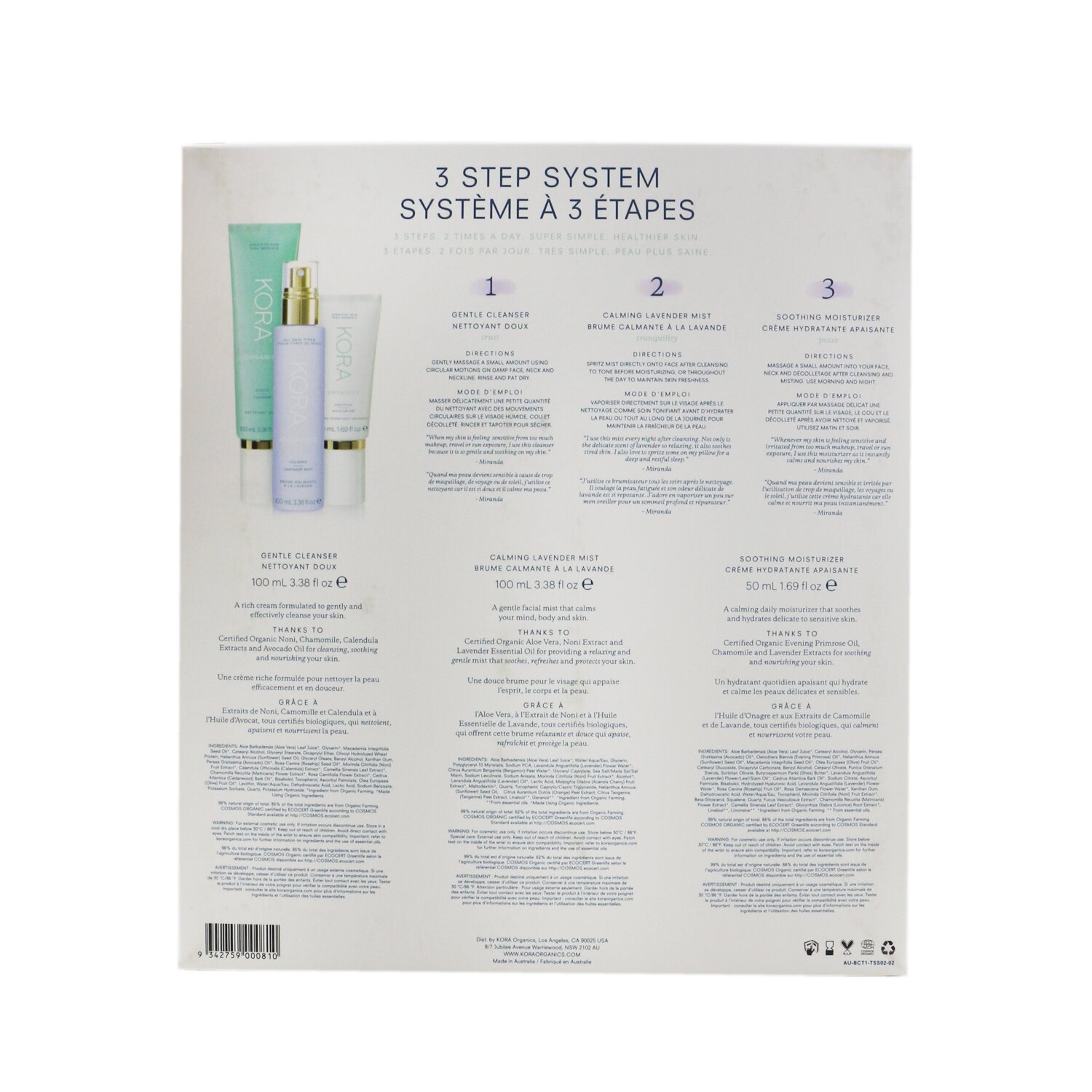 Kora Organics 3 Step System - Sensitive Skin: Gentle Cleanser 100ml + Calming Lavender Mist 100ml + Soothing Moisturizer 50ml 3pcs