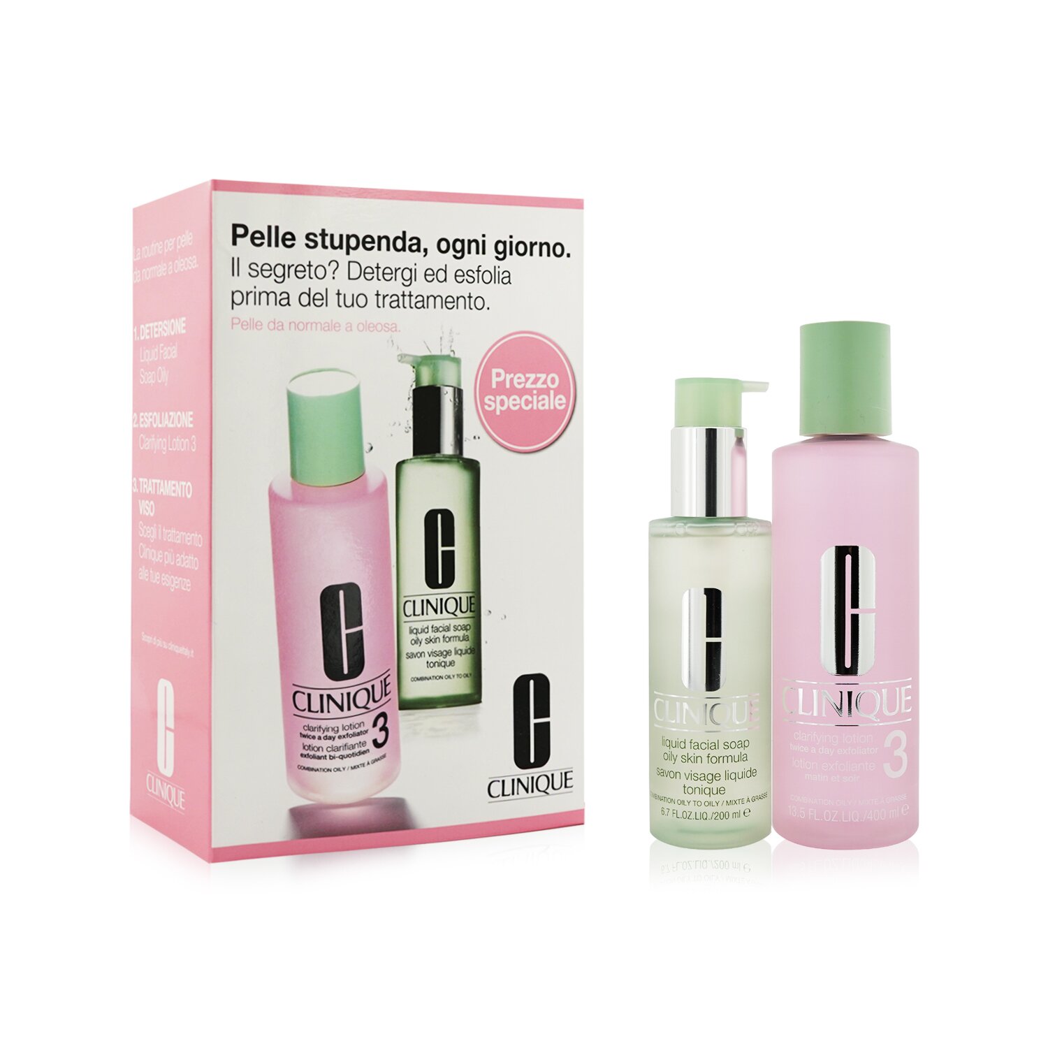Clinique Cleansing + Exfoliation Set: Clarifying Lotion 3 400ml/13.5oz + Liquid Facial Soap Oily Skin Formula 200ml/6.7oz 2pcs