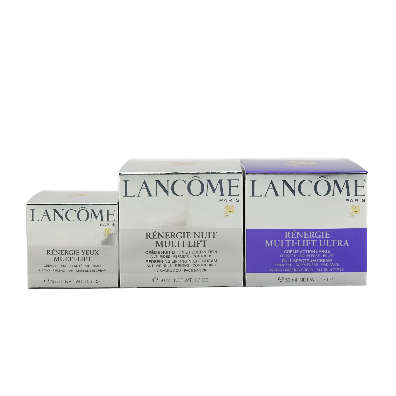 Lancome Renergie Multi-Lift Ultra Set: Full Spectrum Cream + Redefining Lifting Night Cream + Anti-Wrinkle Eye Cream (קופסה מעט פגומה)סט של קרם יום, קרם לילה וקרם עיניים 3pcs