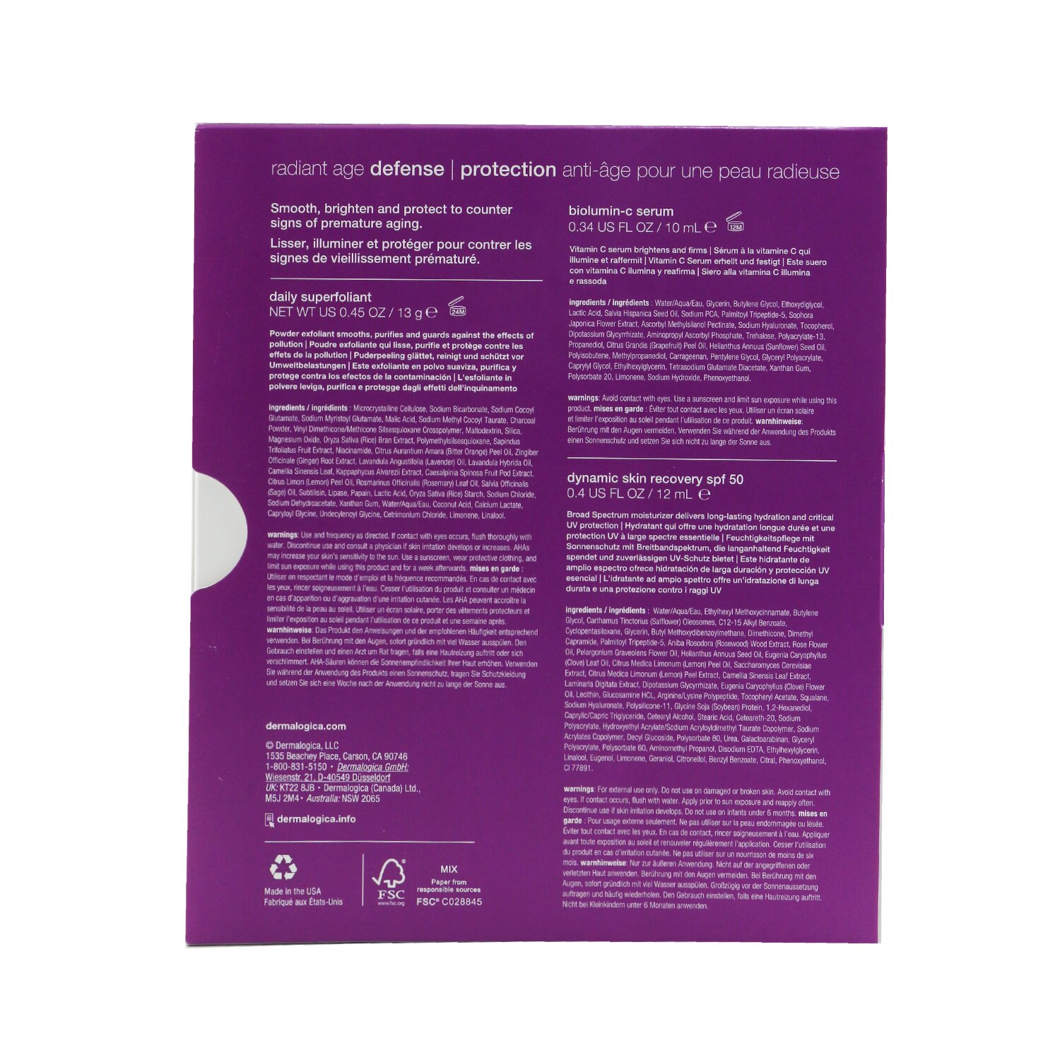 Dermalogica Age Defense Kit: Daily Superfoliant 13g+ Biolumin-C Serum 10ml+ Dynamic Skin Recovery SPF 50 12ml 3pcs