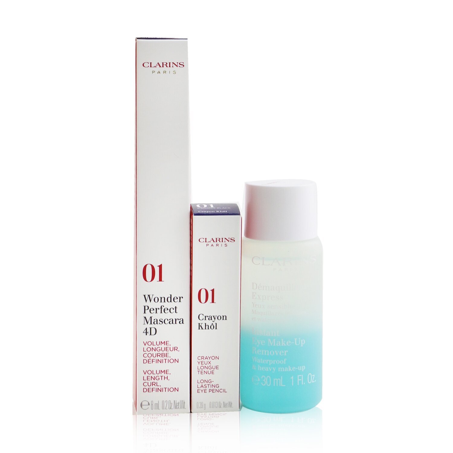 Clarins Wonder Perfect Тушь для Ресниц 4D Набор: Тушь для Ресниц 8мл + Средство для Мгновенного Снятия Макияжа с Глаз 30мл + Мини Карандаш для Глаз 3pcs