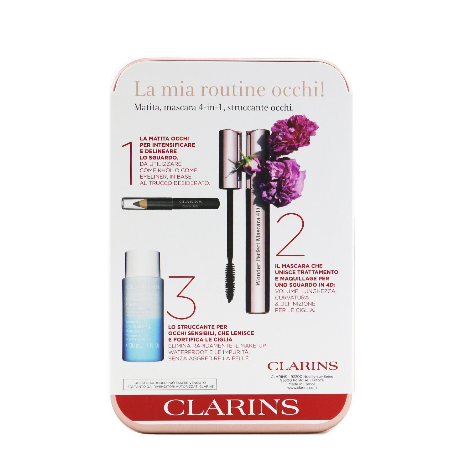 Clarins Wonder Perfect Тушь для Ресниц 4D Набор: Тушь для Ресниц 8мл + Средство для Мгновенного Снятия Макияжа с Глаз 30мл + Мини Карандаш для Глаз 3pcs
